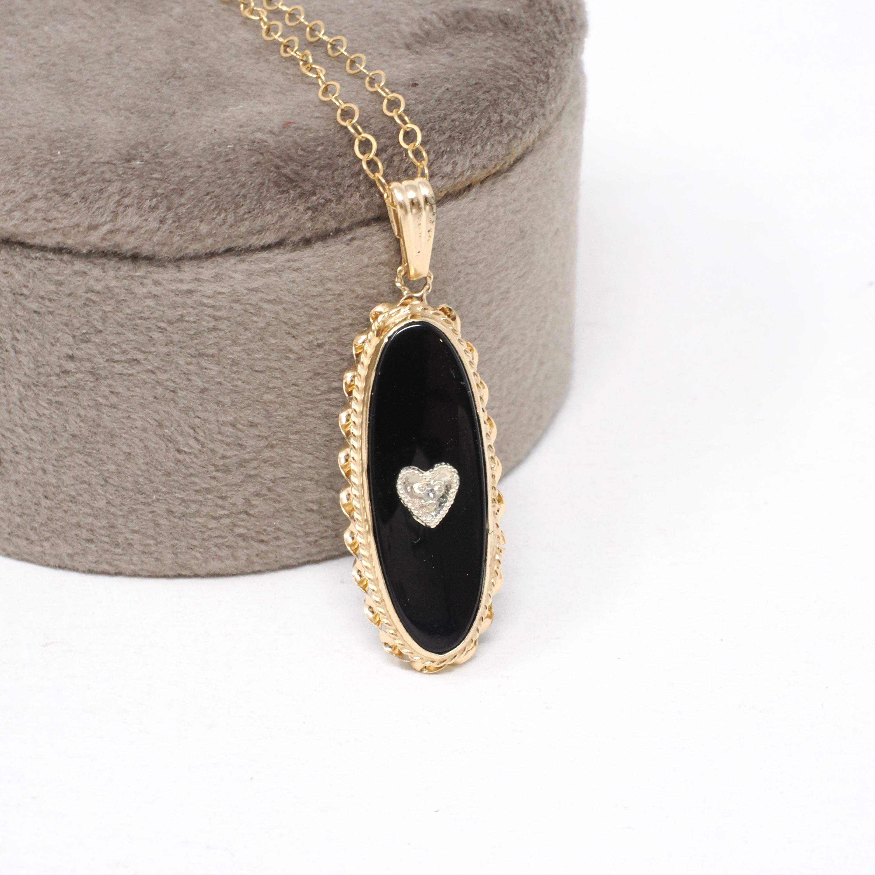Onyx & Diamond Pendant - Mid Century 14k Yellow Gold Black Chalcedony Gemstone Necklace - Vintage Circa 1960s Charm Fine Statement Jewelry