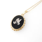 Letter "M" Pendant - Mid Century 14K Yellow Gold Natural Onyx & Diamond Charm - Vintage Circa 1960s Initial Necklace Fine Statement Jewelry