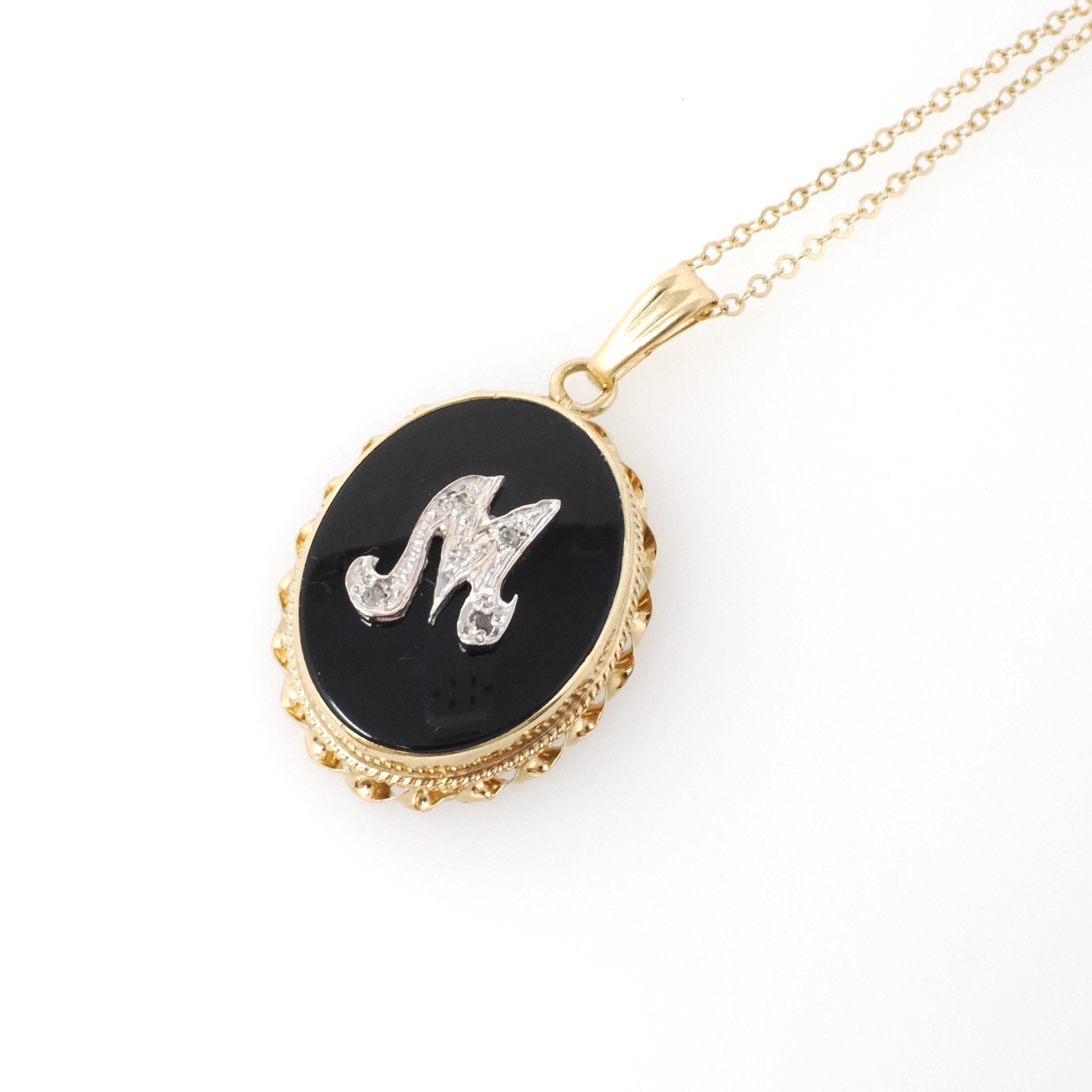 Letter "M" Pendant - Mid Century 14K Yellow Gold Natural Onyx & Diamond Charm - Vintage Circa 1960s Initial Necklace Fine Statement Jewelry