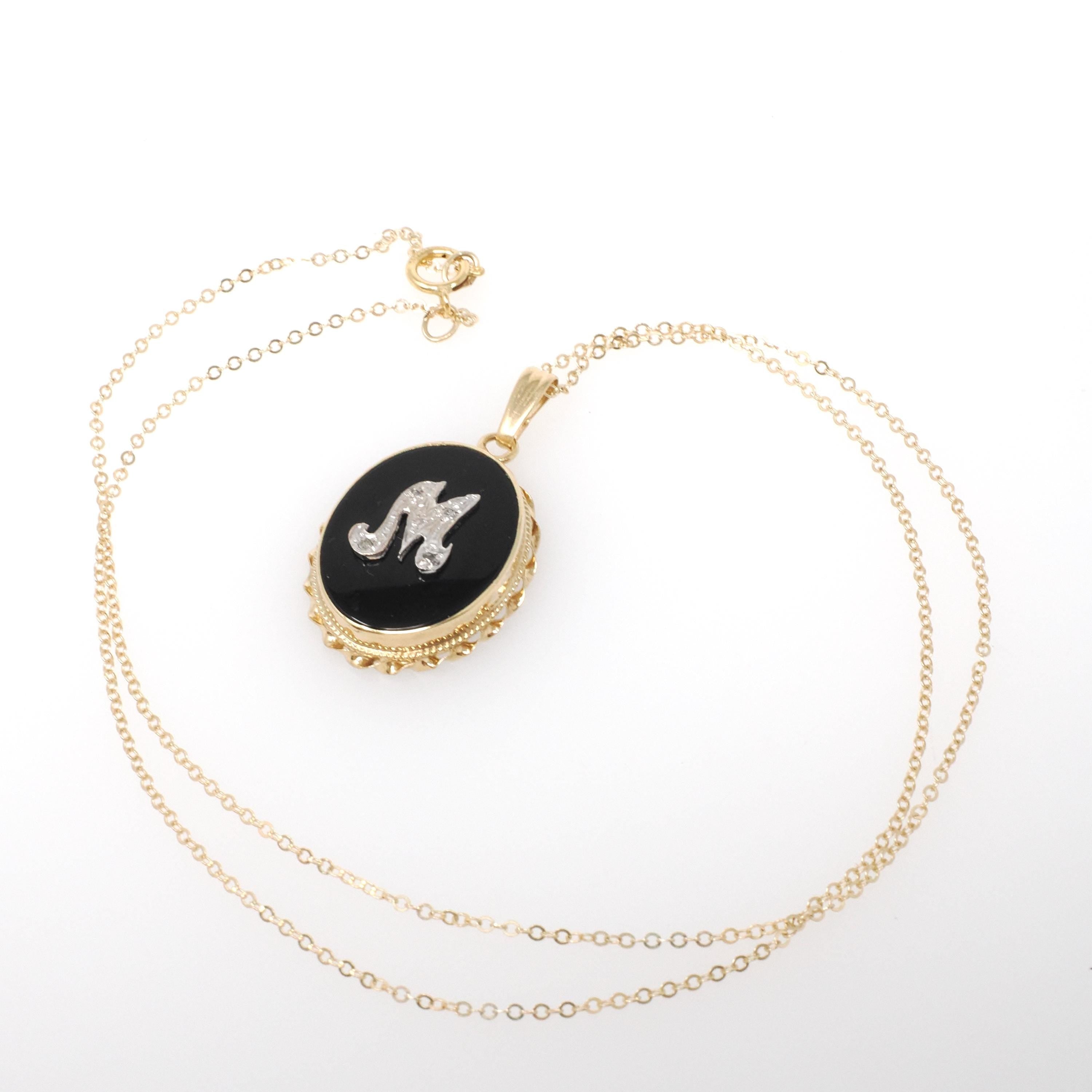 Letter "M" Pendant - Mid Century 14K Yellow Gold Natural Onyx & Diamond Charm - Vintage Circa 1960s Initial Necklace Fine Statement Jewelry