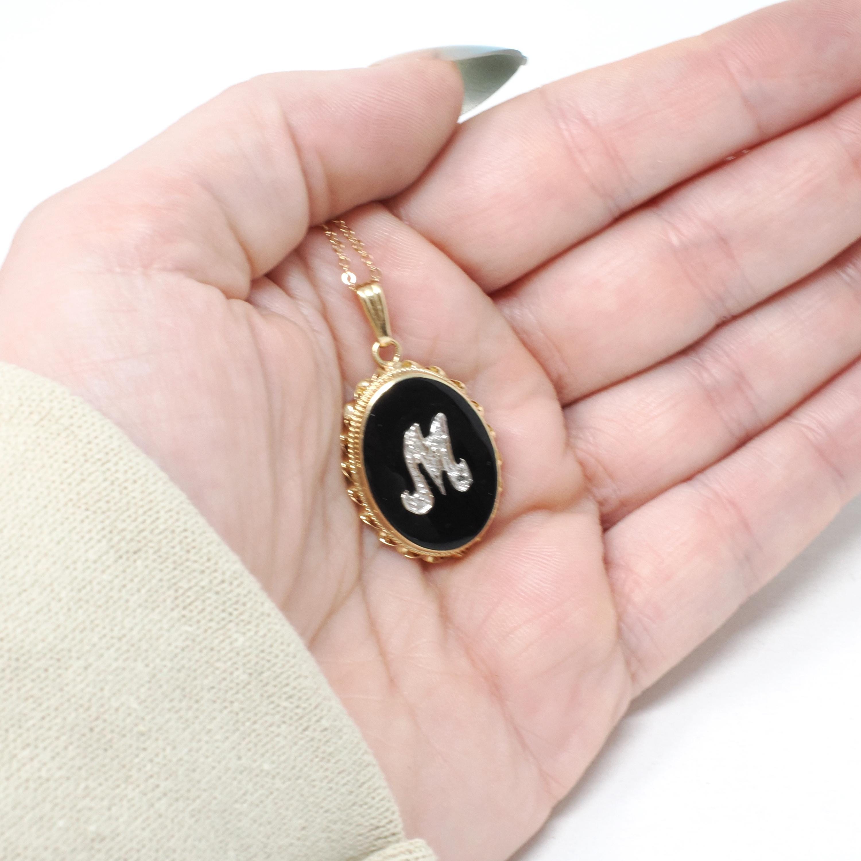 Letter "M" Pendant - Mid Century 14K Yellow Gold Natural Onyx & Diamond Charm - Vintage Circa 1960s Initial Necklace Fine Statement Jewelry