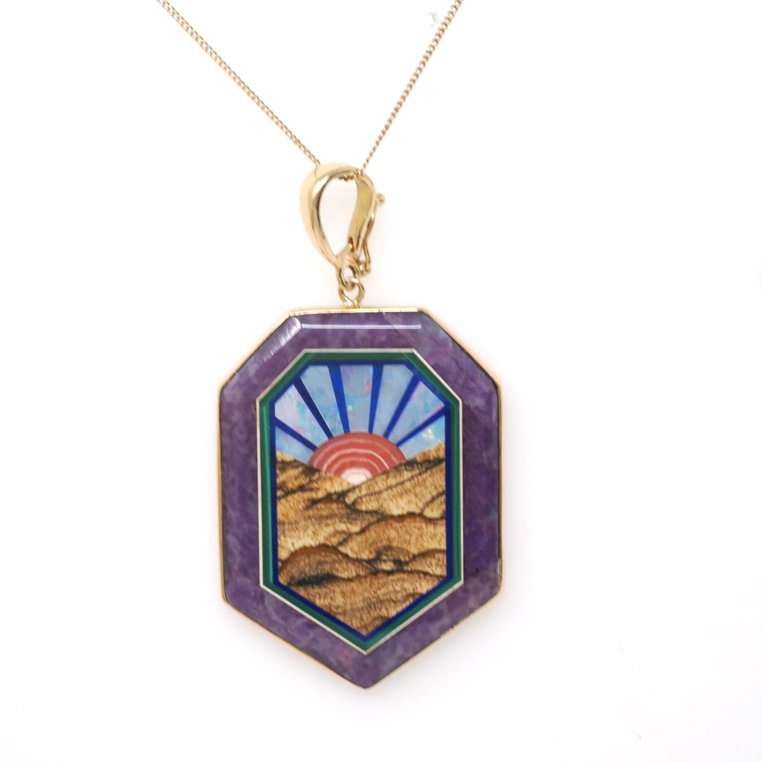 Gemstone Enhancer Pendant - Modern 14k Yellow Gold Natural Inlayed Intarsia Sunrise Design - Circa 2000s Era Mystical Scene Fine Jewelry