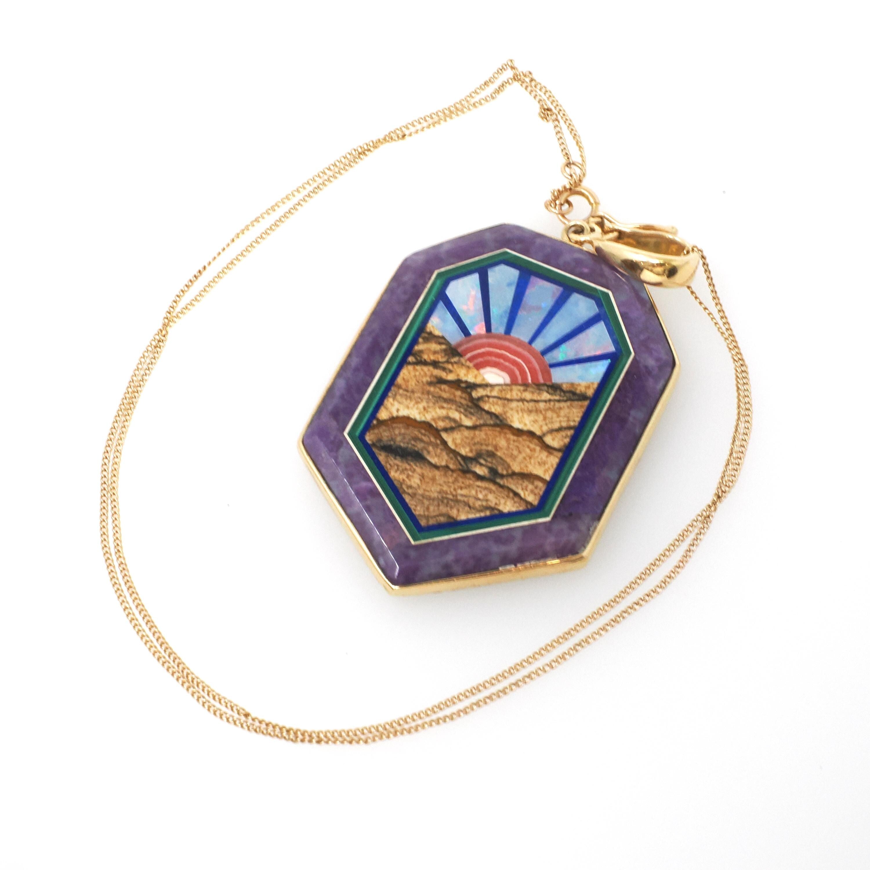 Gemstone Enhancer Pendant - Modern 14k Yellow Gold Natural Inlayed Intarsia Sunrise Design - Circa 2000s Era Mystical Scene Fine Jewelry