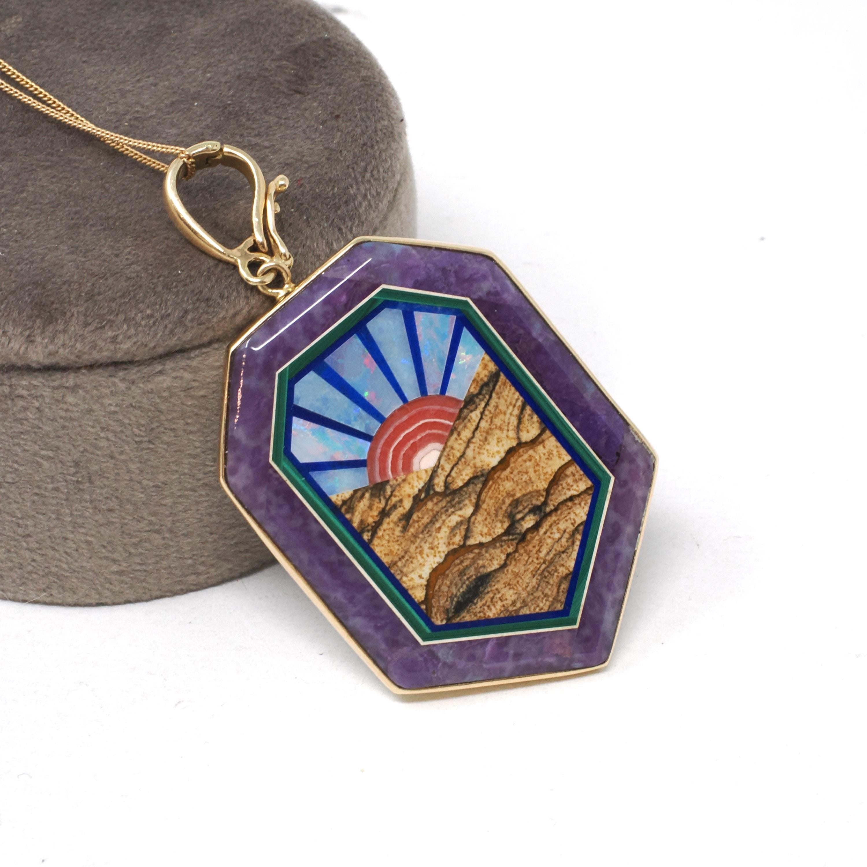 Gemstone Enhancer Pendant - Modern 14k Yellow Gold Natural Inlayed Intarsia Sunrise Design - Circa 2000s Era Mystical Scene Fine Jewelry