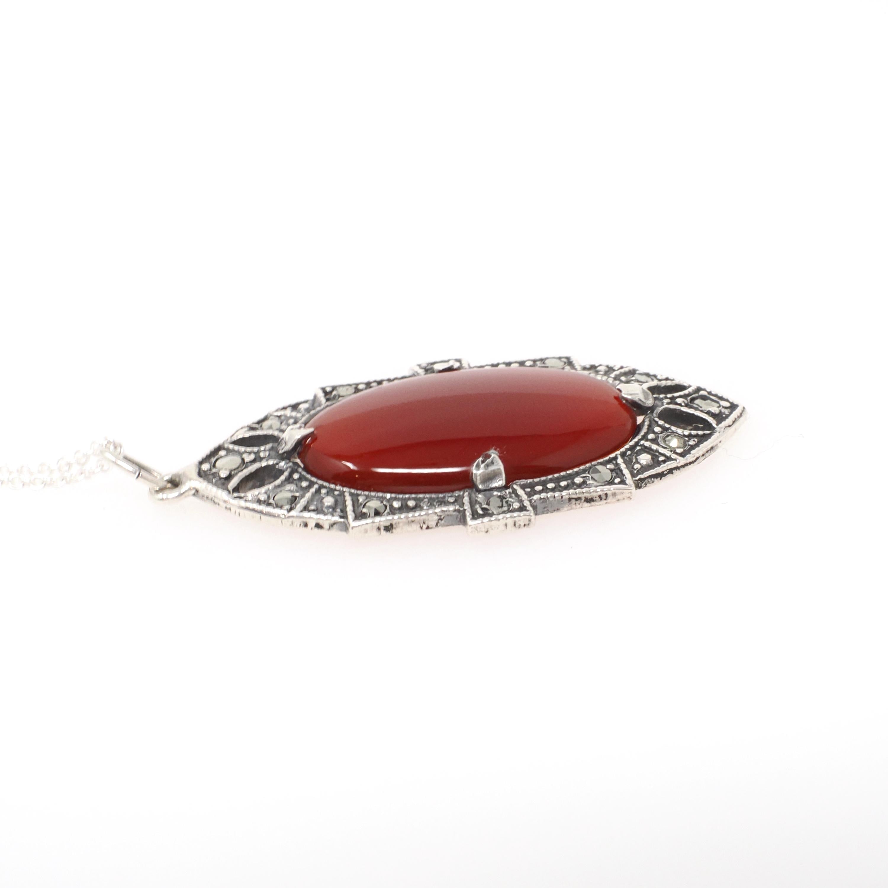 Silver Art Deco Pendant - Vintage Sterling Natural Carnelian & Marcasite Gemstone Shield Necklace - Circa 1930s Era Flapper Fashion Jewelry