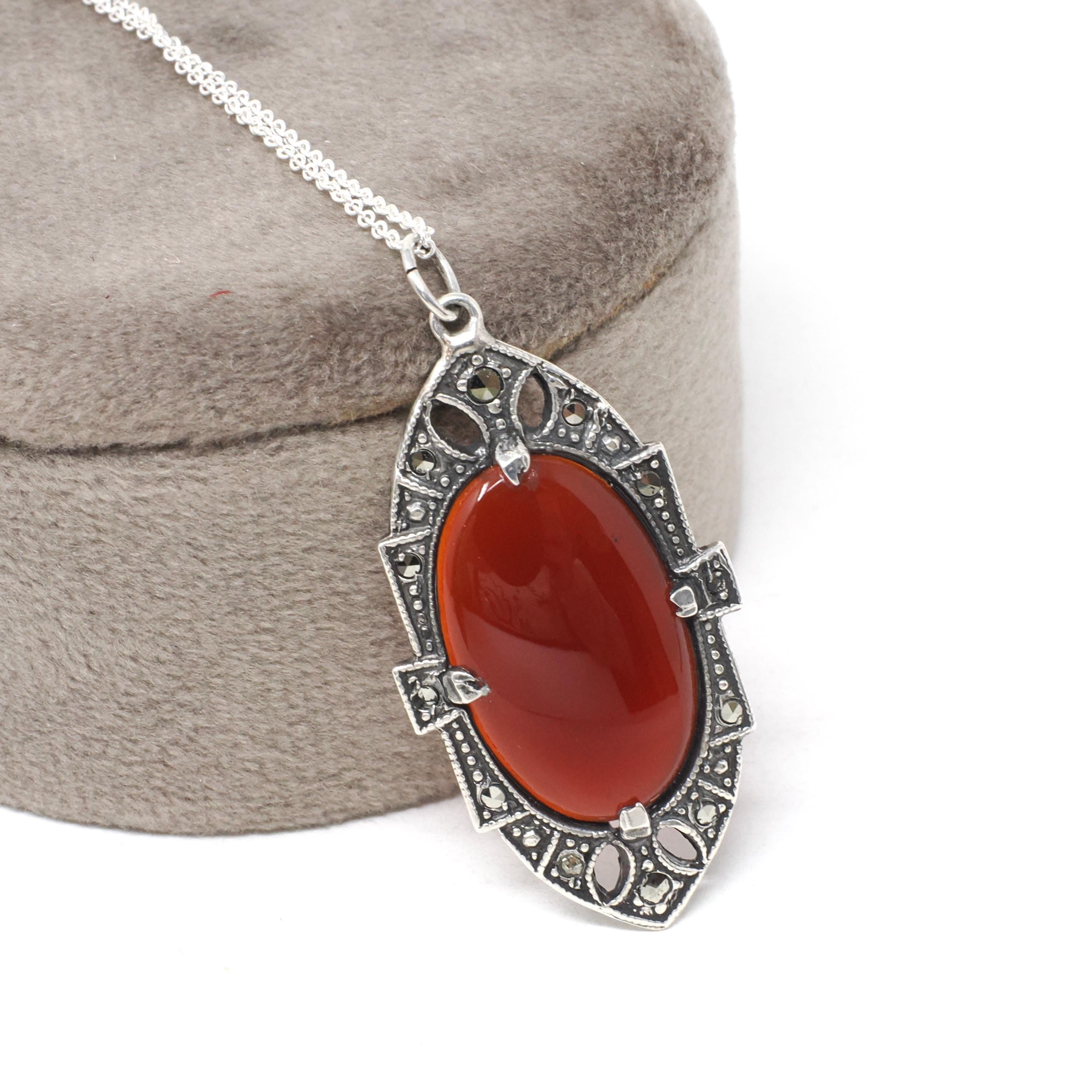 Silver Art Deco Pendant - Vintage Sterling Natural Carnelian & Marcasite Gemstone Shield Necklace - Circa 1930s Era Flapper Fashion Jewelry