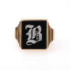 Letter "B" Ring - Mid Century 10k Yellow Gold Black Onyx Old English Initial - Vintage Circa 1950s Era Size 10 1/4 Statement Fine Jewelry