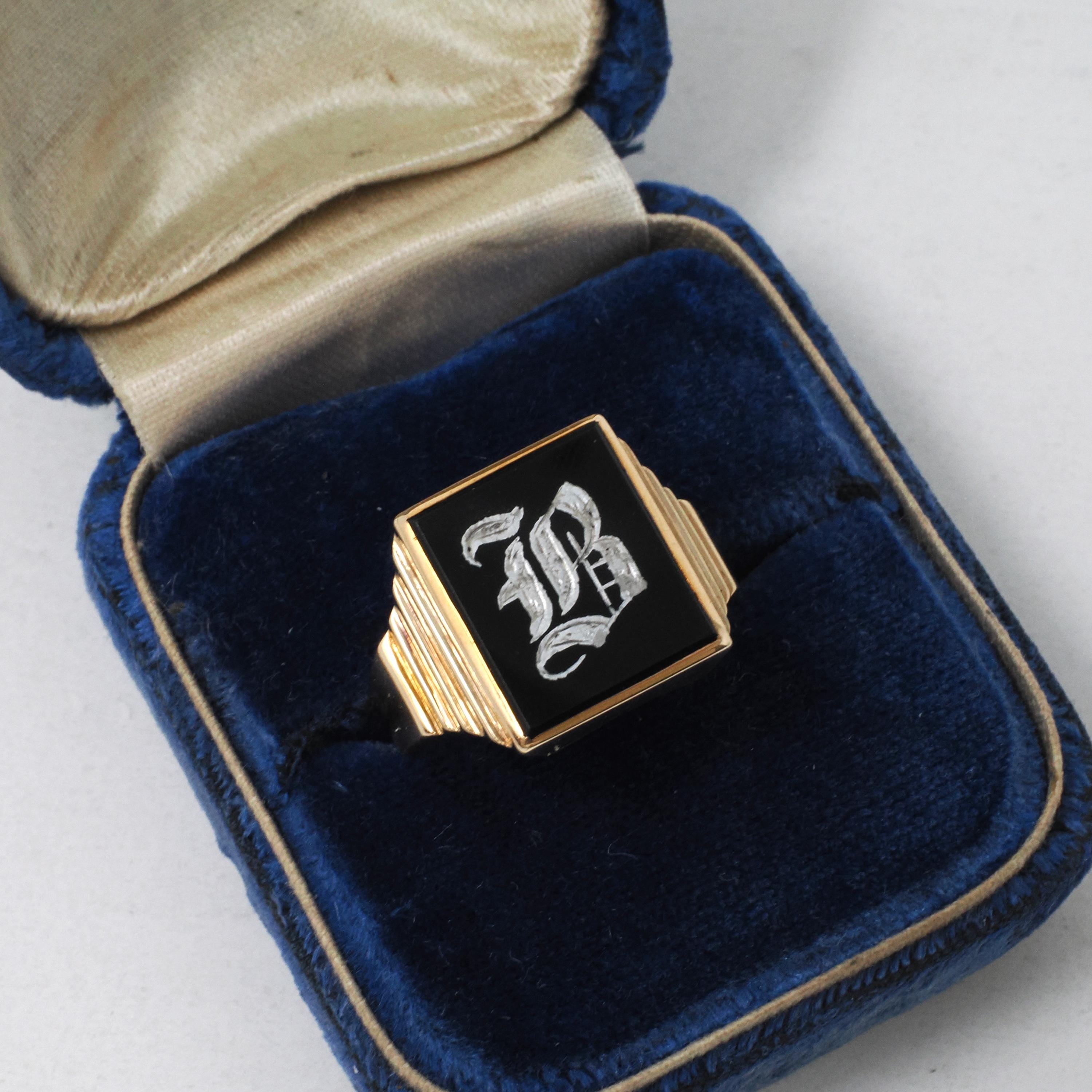 Letter "B" Ring - Mid Century 10k Yellow Gold Black Onyx Old English Initial - Vintage Circa 1950s Era Size 10 1/4 Statement Fine Jewelry