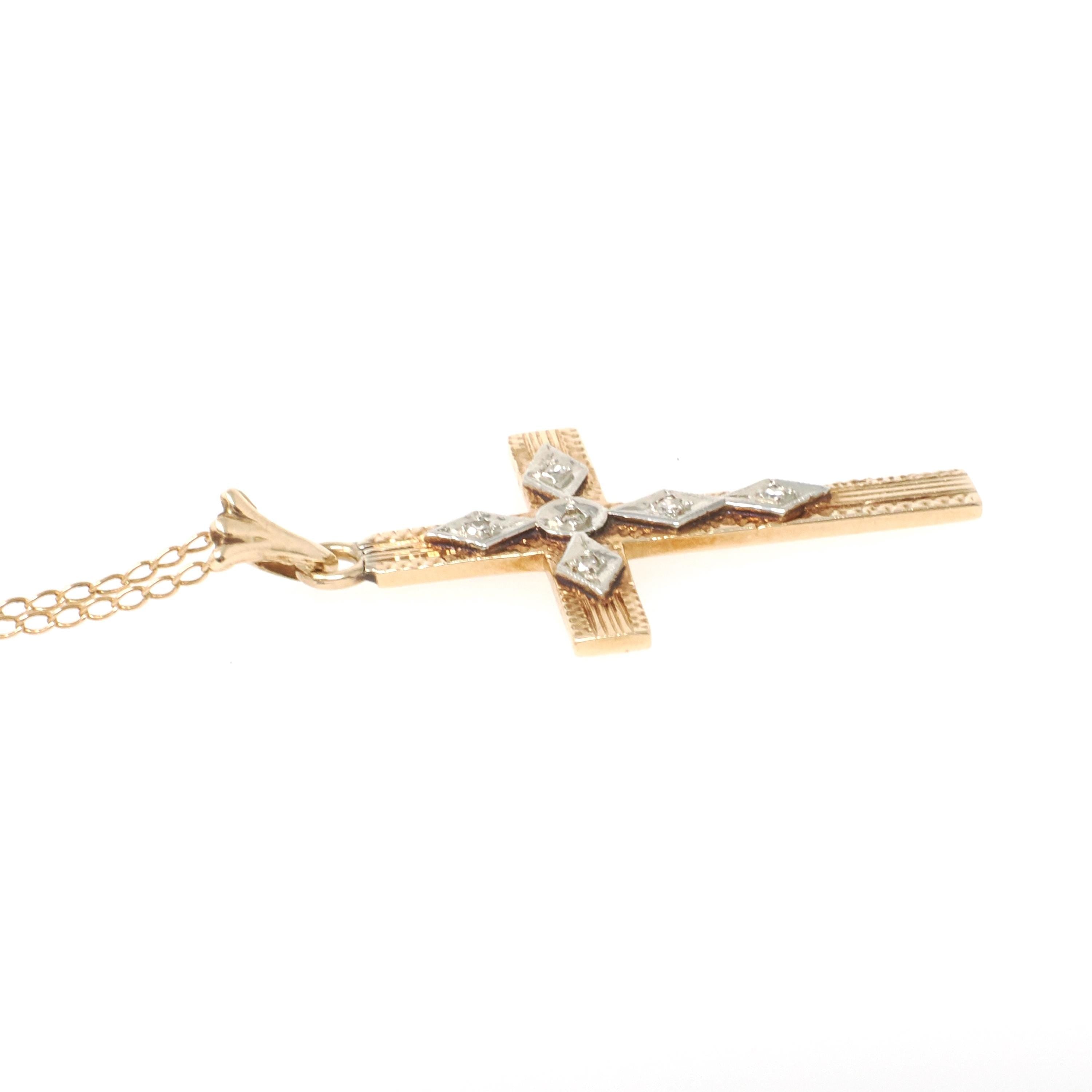 Vintage Cross Necklace - Retro 14k Yellow & White Gold Natural .03 CTW Diamond Pendant - Circa 1940s Religious Faith Fine Symbolic Jewelry