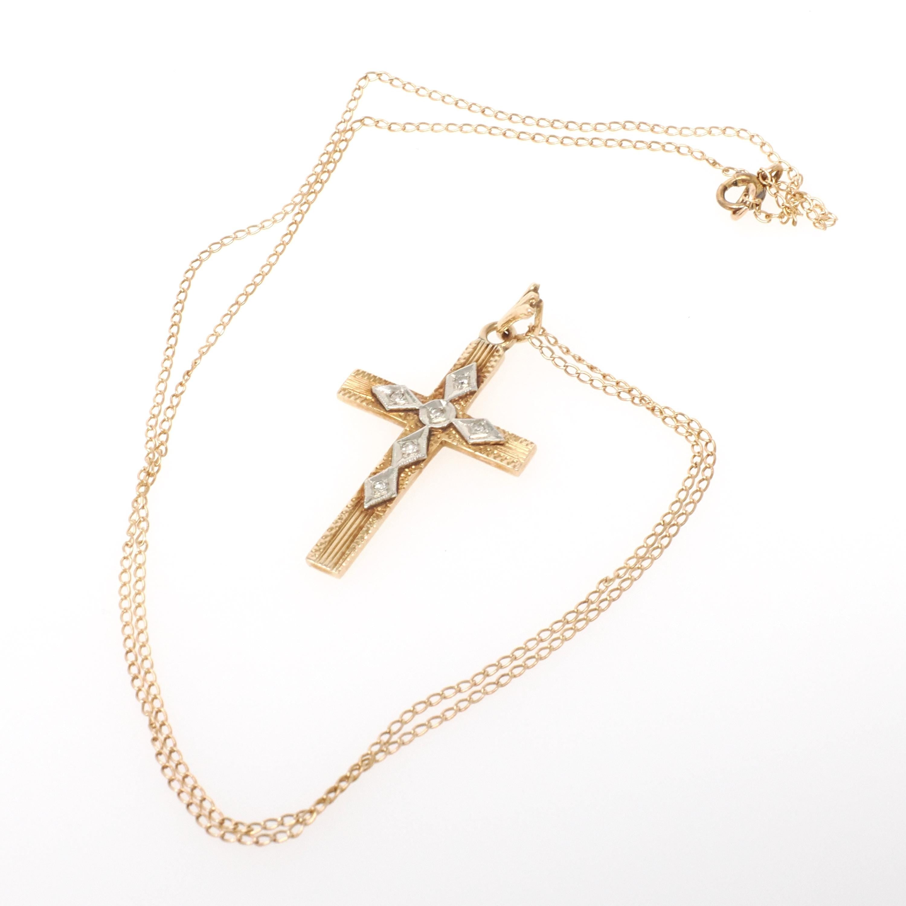 Vintage Cross Necklace - Retro 14k Yellow & White Gold Natural .03 CTW Diamond Pendant - Circa 1940s Religious Faith Fine Symbolic Jewelry