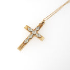 Vintage Cross Necklace - Retro 14k Yellow & White Gold Natural .03 CTW Diamond Pendant - Circa 1940s Religious Faith Fine Symbolic Jewelry