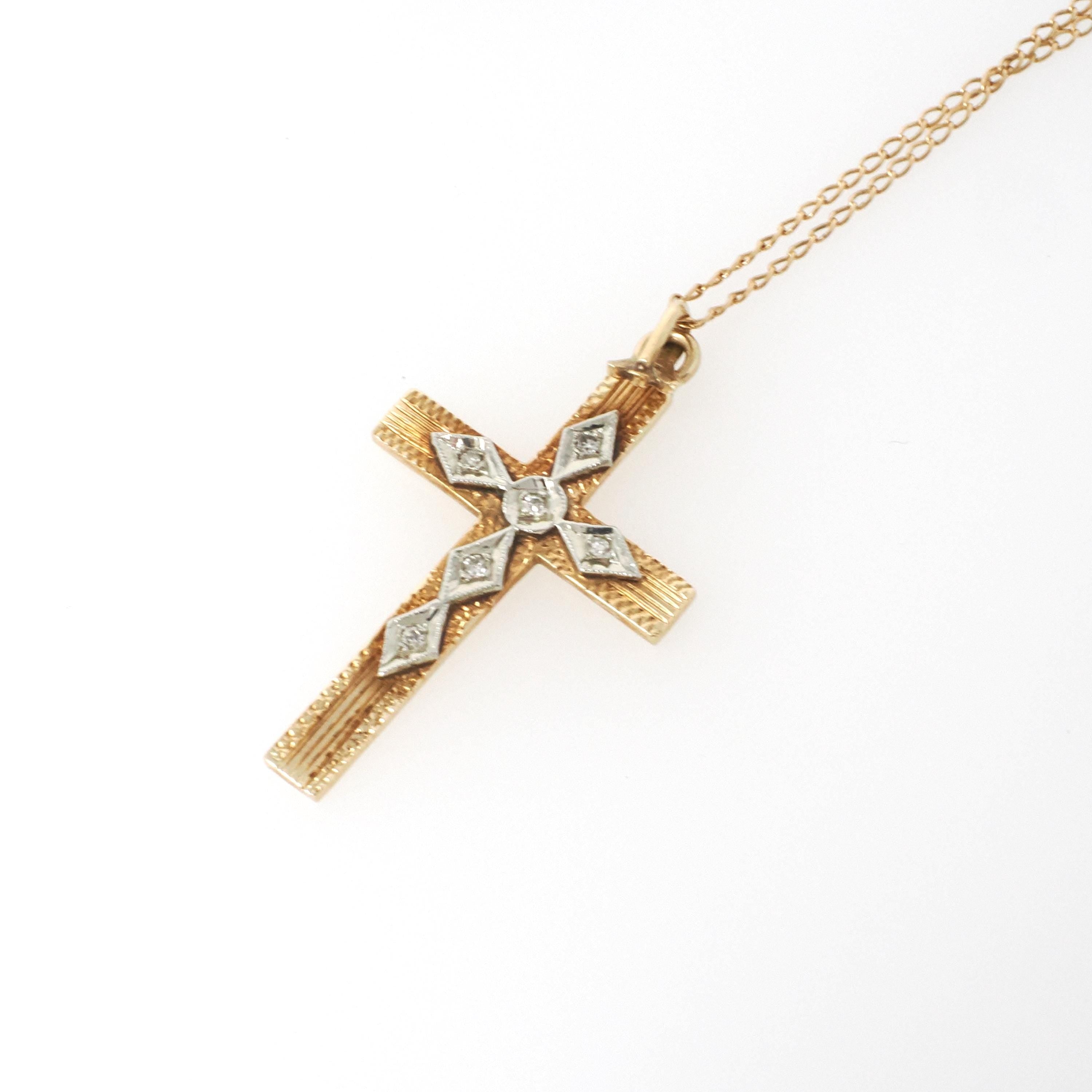 Vintage Cross Necklace - Retro 14k Yellow & White Gold Natural .03 CTW Diamond Pendant - Circa 1940s Religious Faith Fine Symbolic Jewelry