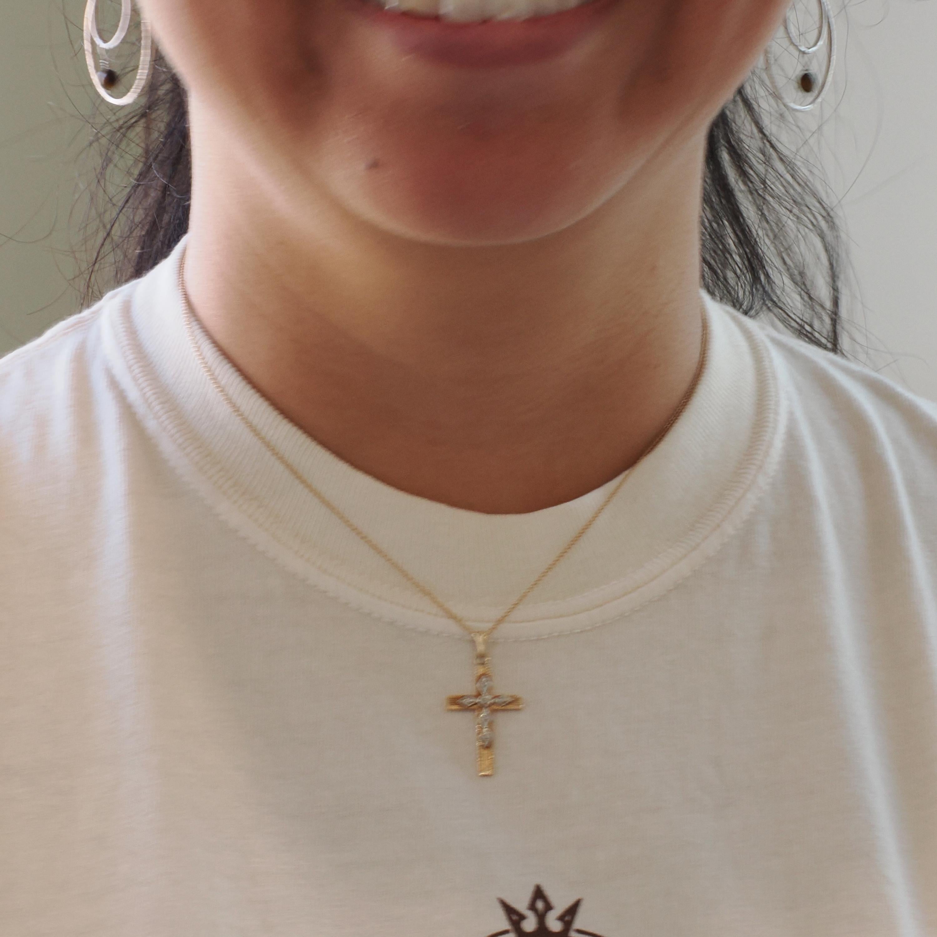 Vintage Cross Necklace - Retro 14k Yellow & White Gold Natural .03 CTW Diamond Pendant - Circa 1940s Religious Faith Fine Symbolic Jewelry