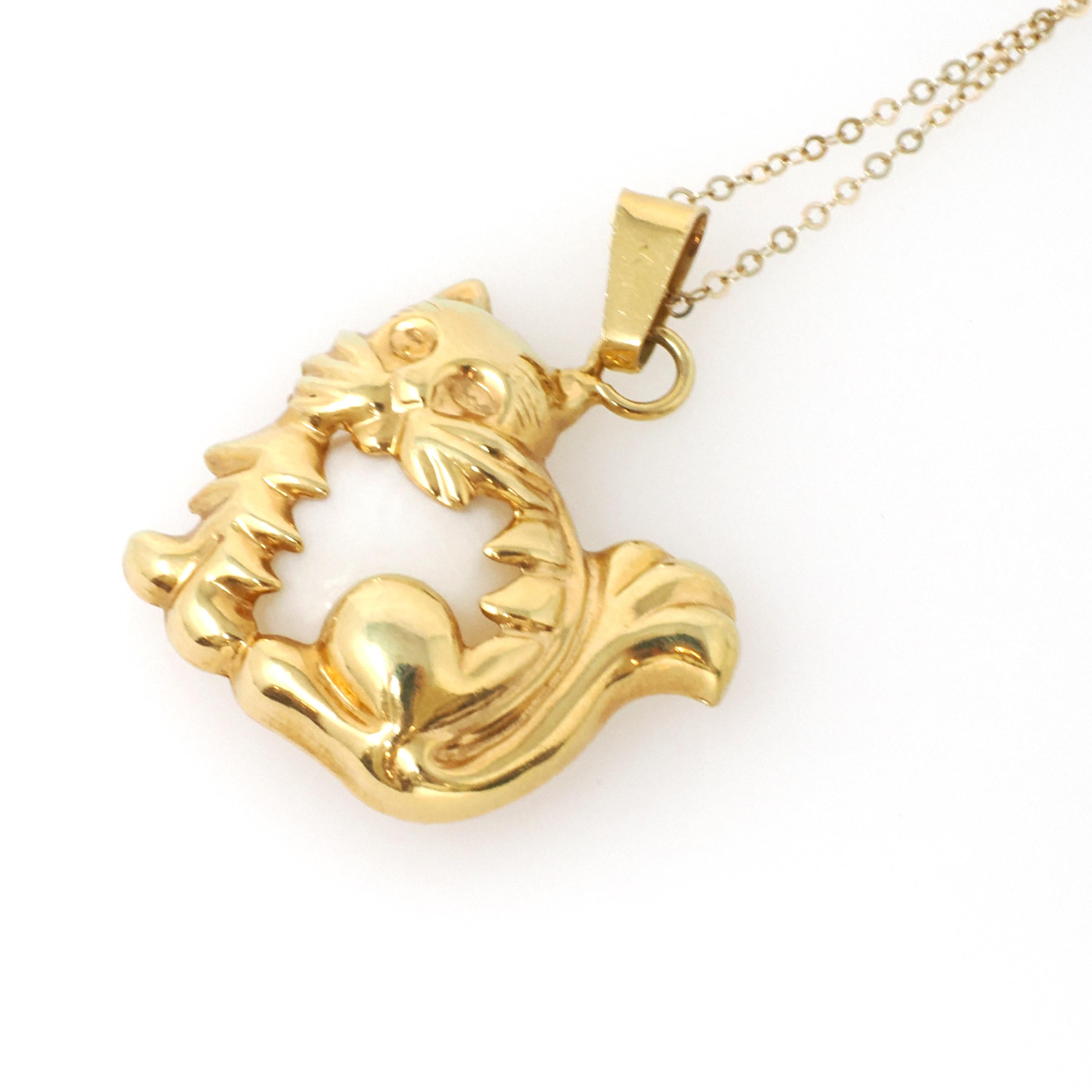 Vintage Cat Charm - Mid Century 14k Yellow Gold Figural Feline Pendant Necklace - Circa 1960s Mother Of Pearl Belly Pet Animal Fine Jewelry