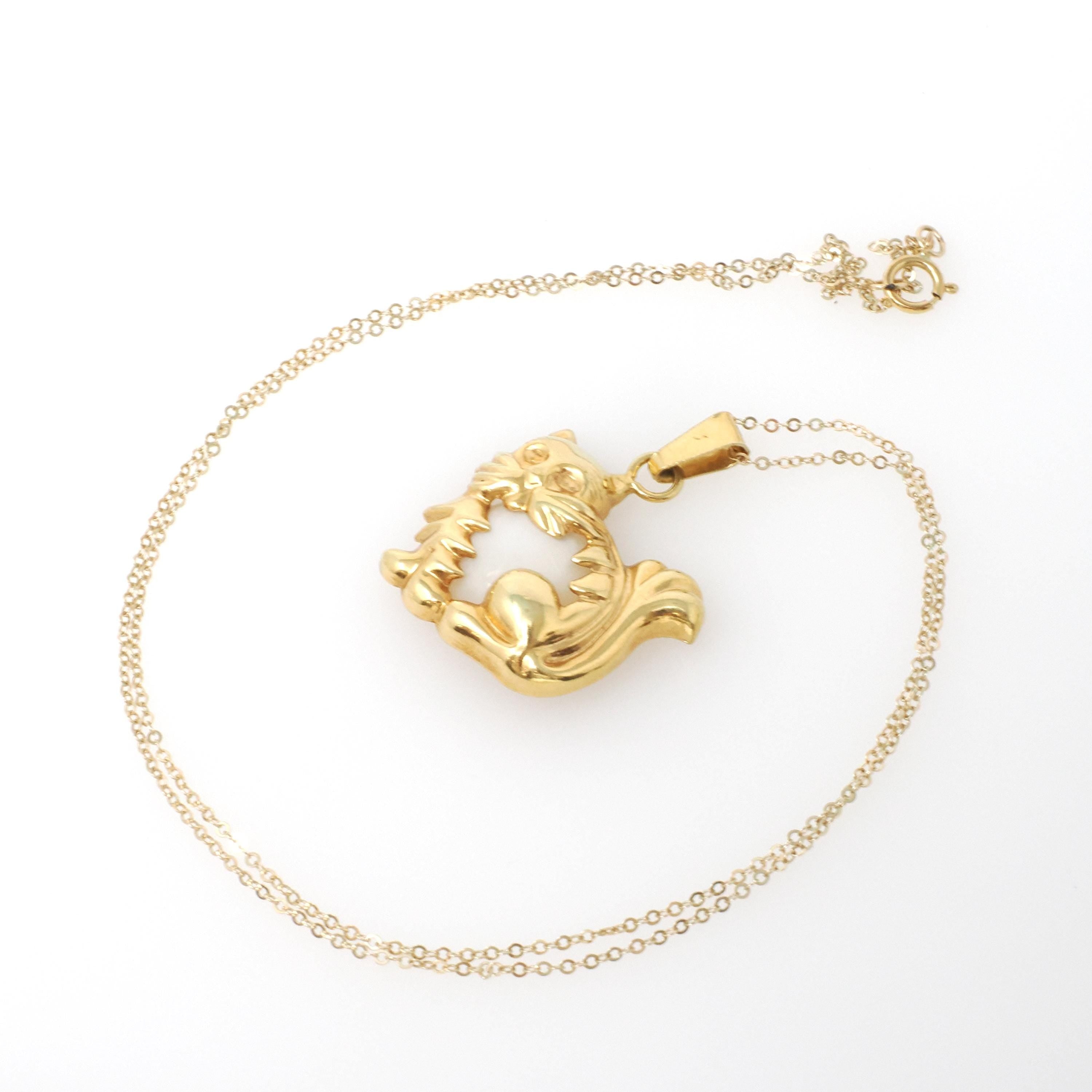 Vintage Cat Charm - Mid Century 14k Yellow Gold Figural Feline Pendant Necklace - Circa 1960s Mother Of Pearl Belly Pet Animal Fine Jewelry