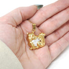 Vintage Cat Charm - Mid Century 14k Yellow Gold Figural Feline Pendant Necklace - Circa 1960s Mother Of Pearl Belly Pet Animal Fine Jewelry