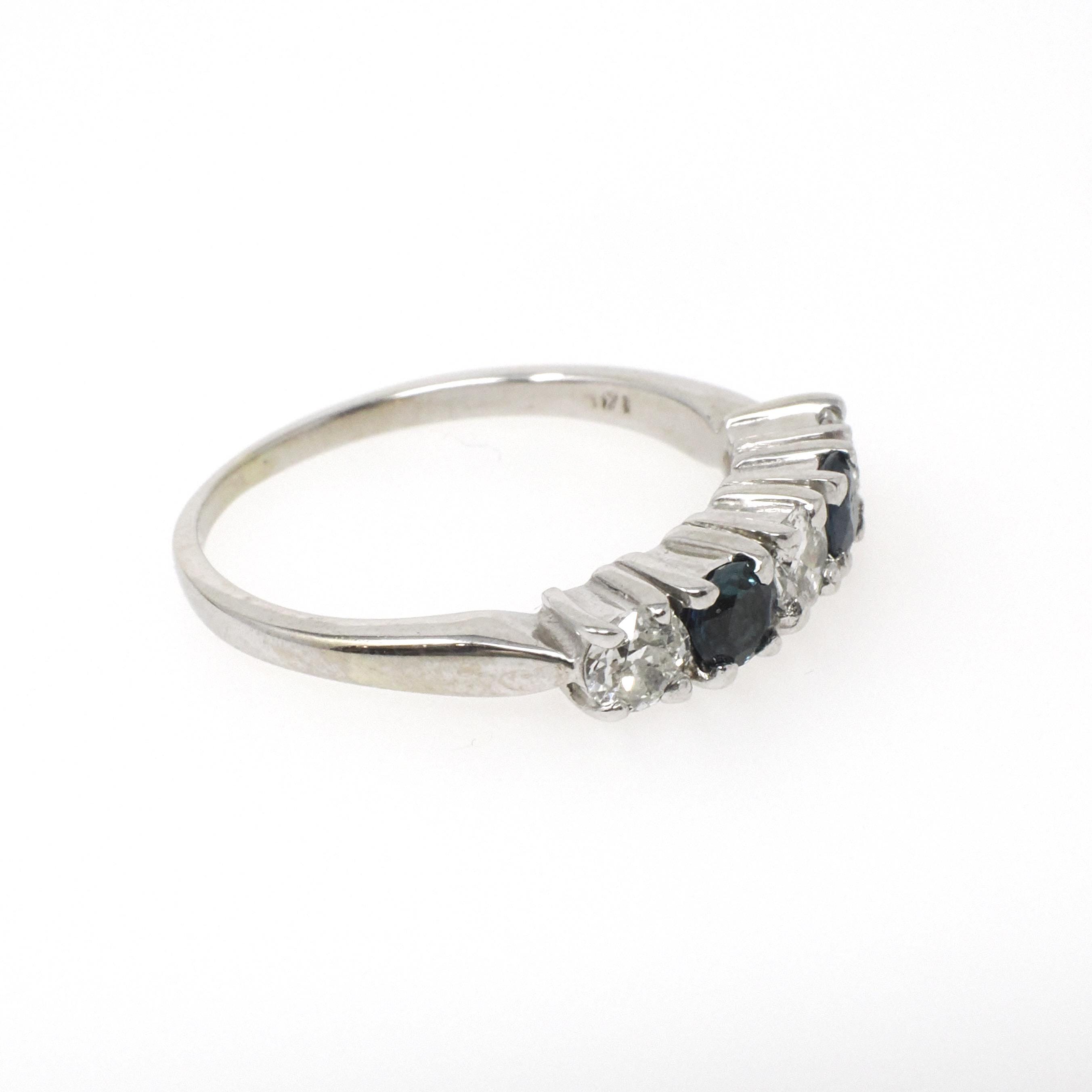 Sapphire & Diamond Band - Contemporary 14k White Gold Natural Five Gemstone Ring - Estate Circa 2000s Era Size 6 Fine Stacking Jewelry