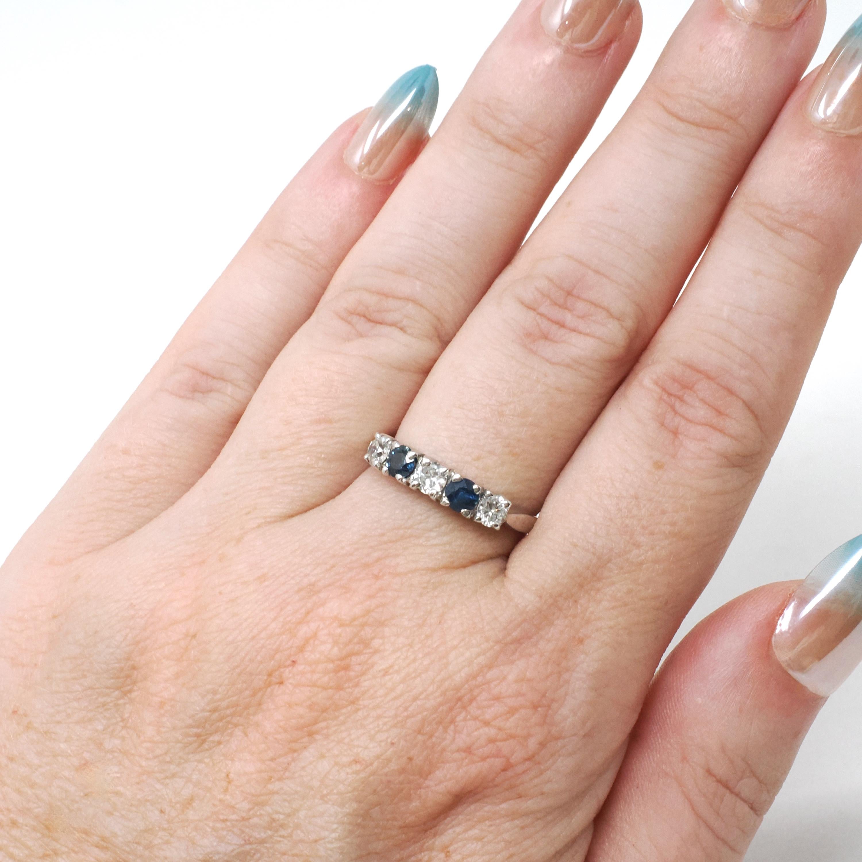 Sapphire & Diamond Band - Contemporary 14k White Gold Natural Five Gemstone Ring - Estate Circa 2000s Era Size 6 Fine Stacking Jewelry