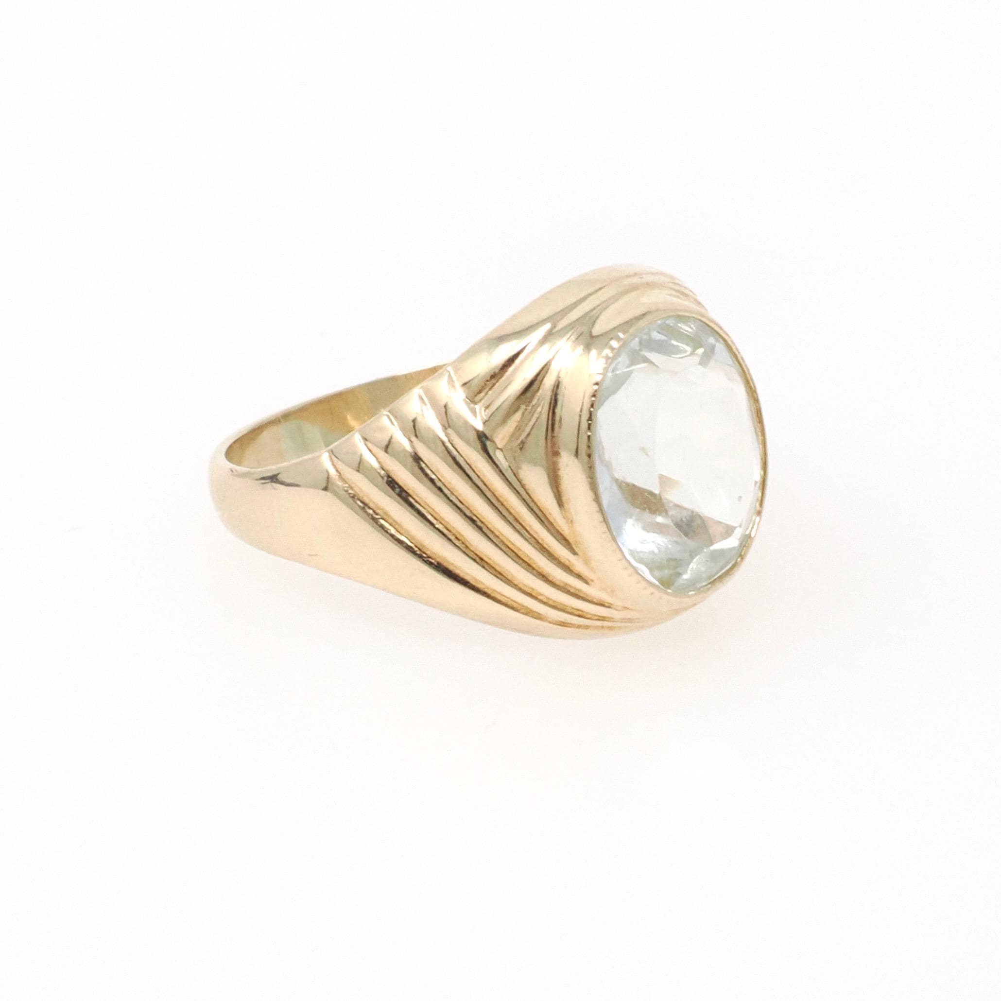 Vintage Glass Ring - Modernist 10k Yellow Gold Clear Pale Blue Oval Cut Faceted Stone - Circa Late 1960s Size 5 3/4 Fine Statement Jewelry