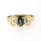 Sapphire & Diamond Ring - Modern Era 18k Yellow Gold Natural Blue Corundum Three Stone Engagement - Estate Size 6 3/4 Fine Bridal Jewelry