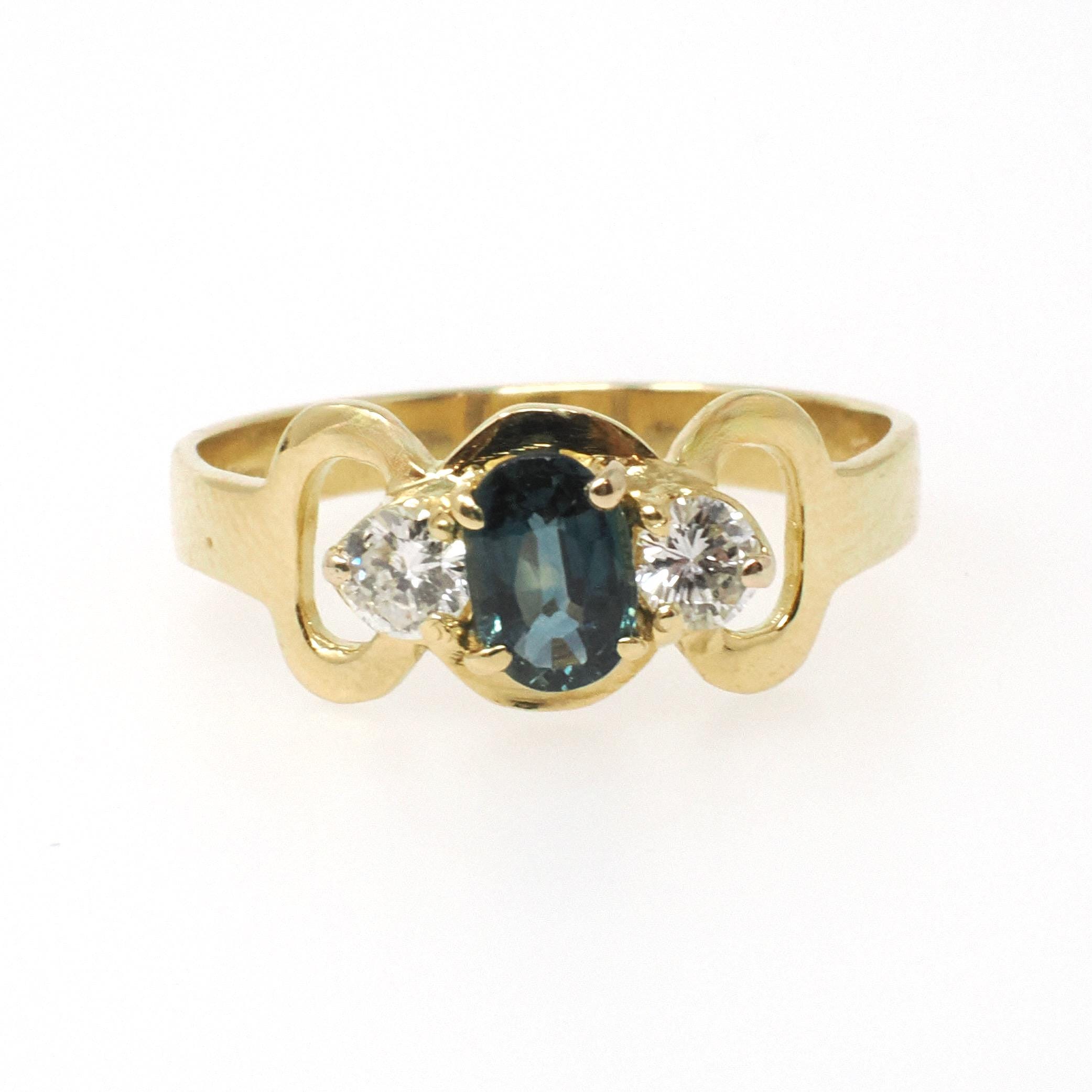Sapphire & Diamond Ring - Modern Era 18k Yellow Gold Natural Blue Corundum Three Stone Engagement - Estate Size 6 3/4 Fine Bridal Jewelry