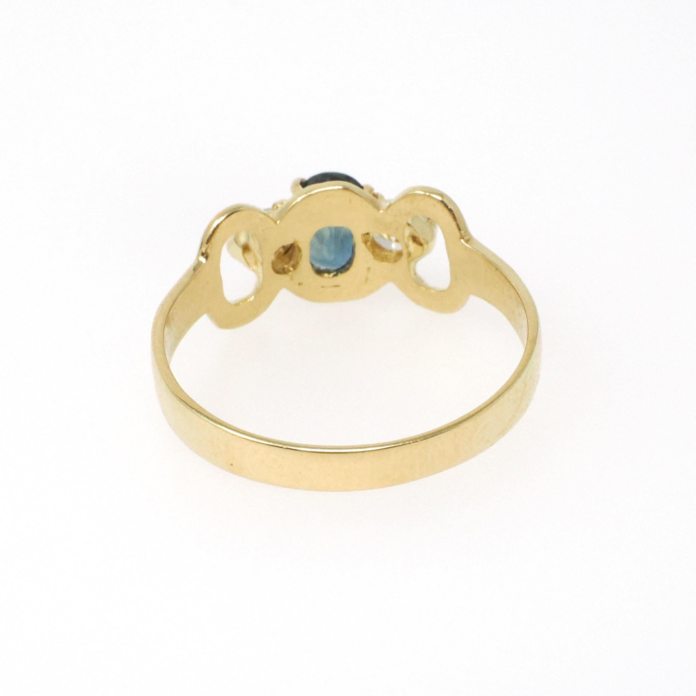 Sapphire & Diamond Ring - Modern Era 18k Yellow Gold Natural Blue Corundum Three Stone Engagement - Estate Size 6 3/4 Fine Bridal Jewelry