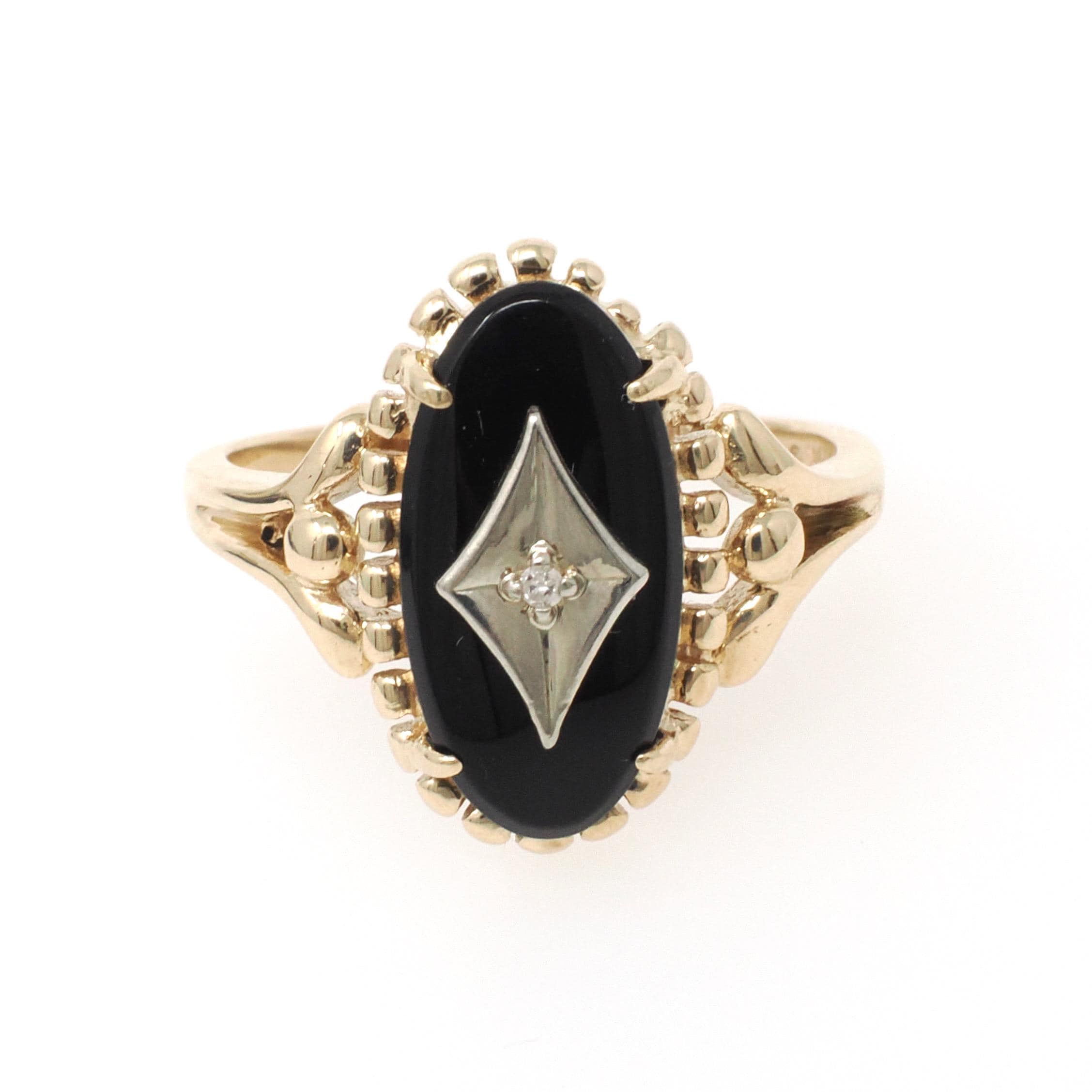 Vintage Onyx Ring - Mid Century 10k Yellow Gold Black Chalcedony & .01 CT Natural Diamond - Circa 1960s Era Size 8.5 Statement Fine Jewelry