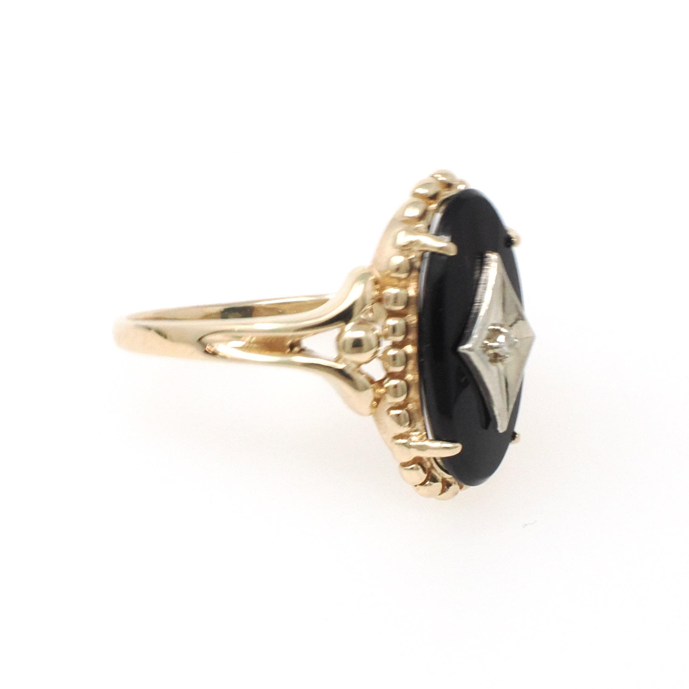 Vintage Onyx Ring - Mid Century 10k Yellow Gold Black Chalcedony & .01 CT Natural Diamond - Circa 1960s Era Size 8.5 Statement Fine Jewelry