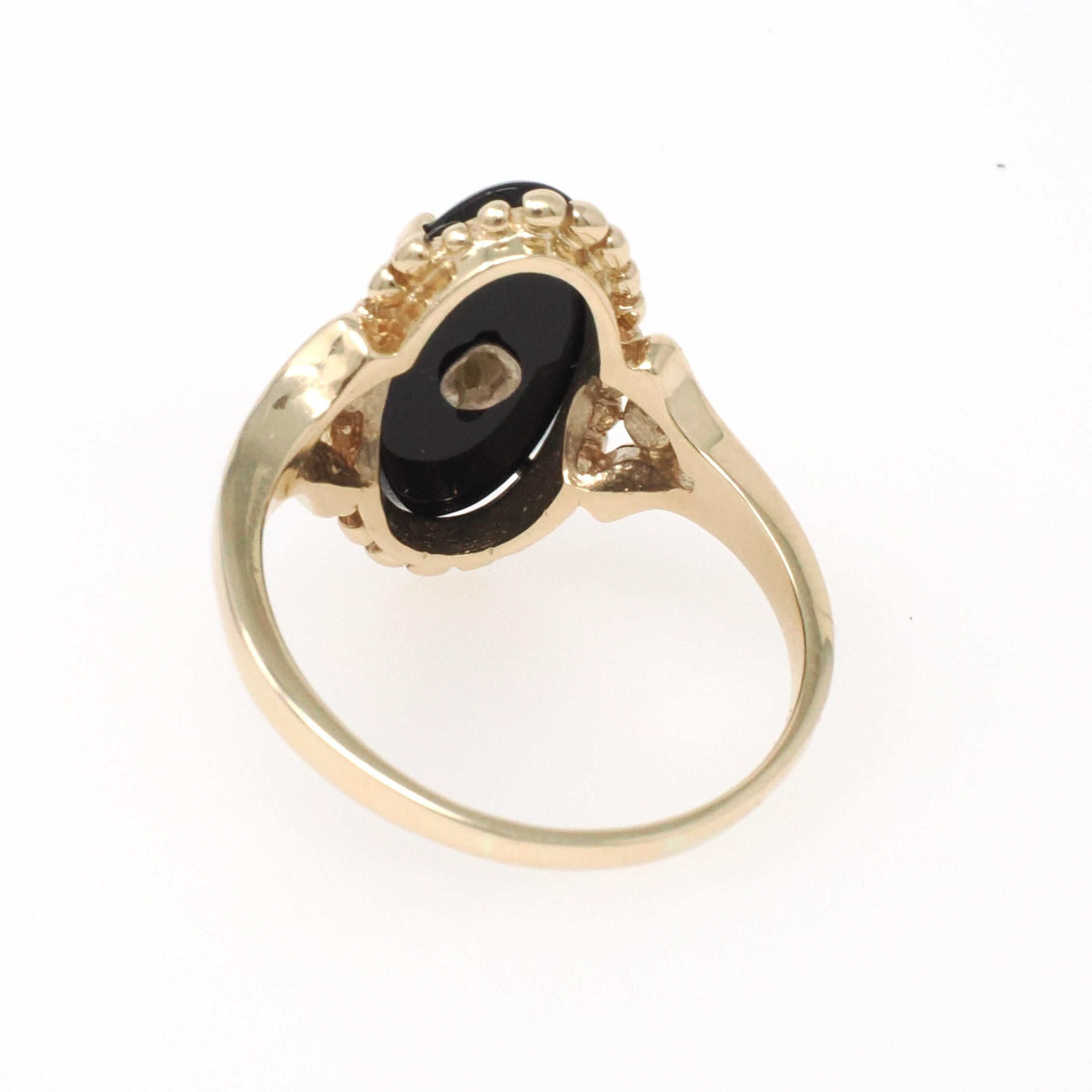 Vintage Onyx Ring - Mid Century 10k Yellow Gold Black Chalcedony & .01 CT Natural Diamond - Circa 1960s Era Size 8.5 Statement Fine Jewelry