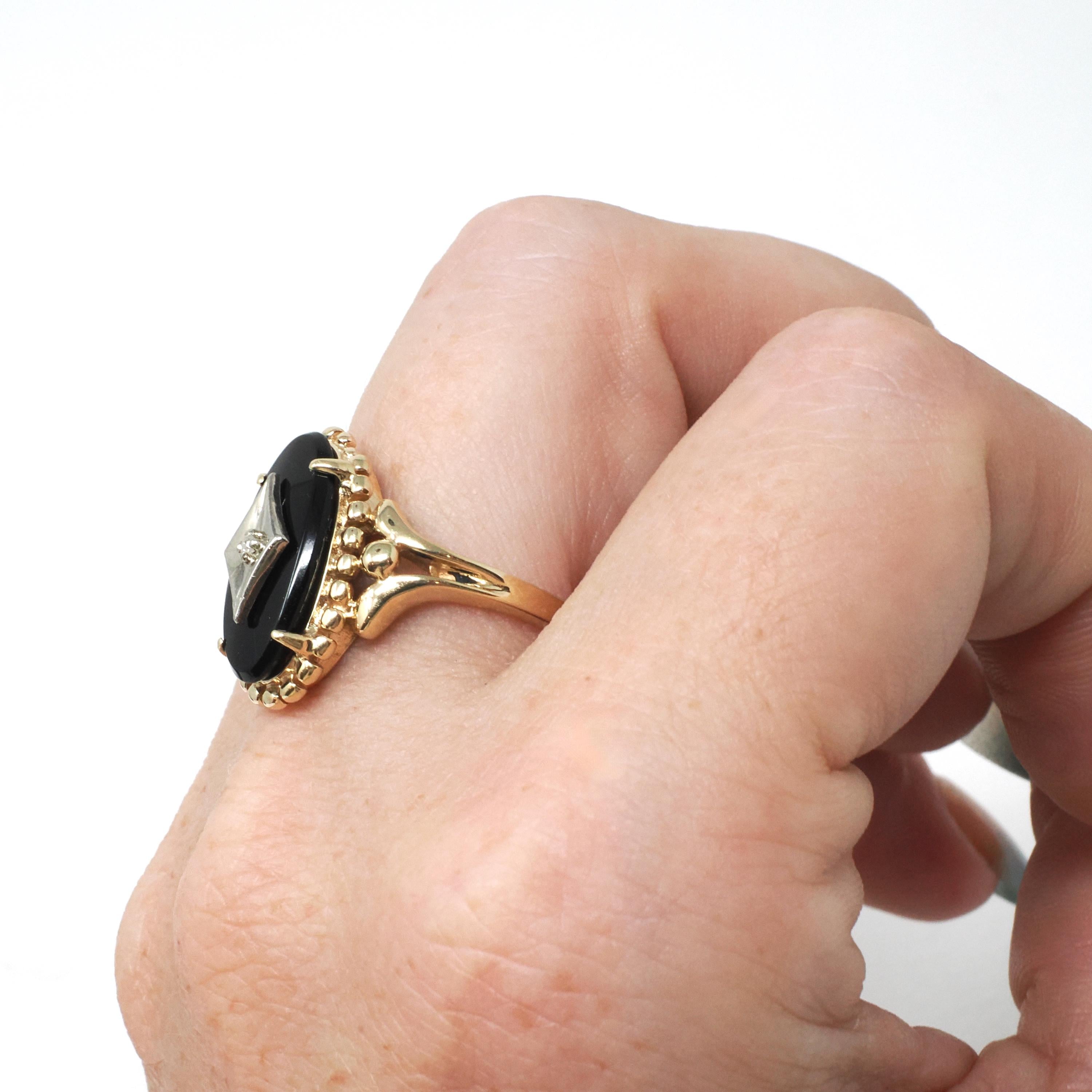 Vintage Onyx Ring - Mid Century 10k Yellow Gold Black Chalcedony & .01 CT Natural Diamond - Circa 1960s Era Size 8.5 Statement Fine Jewelry
