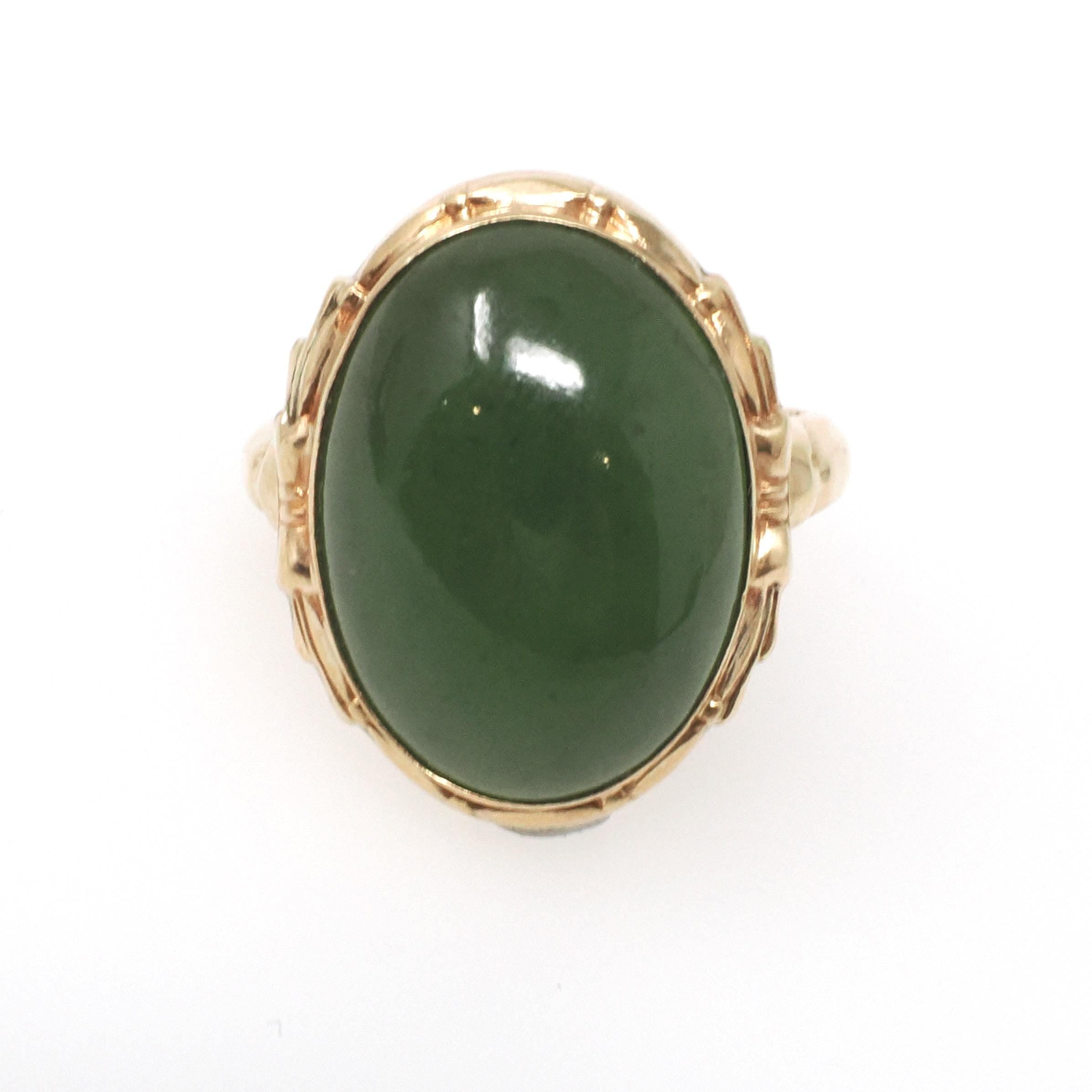 Nephrite Jade Ring - Retro 10k Yellow Gold Natural Cabochon Cut 9.50 CT Dark Green Gem - Vintage Circa 1940s Era Size 5 3/4 Fine 40s Jewelry