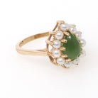 Vintage Halo Ring - Retro Modern 14k Yellow Gold Green Nephrite Jade and Seed Pearls - Circa 1970s Era Size 7 Fine Dainty Statement Jewelry