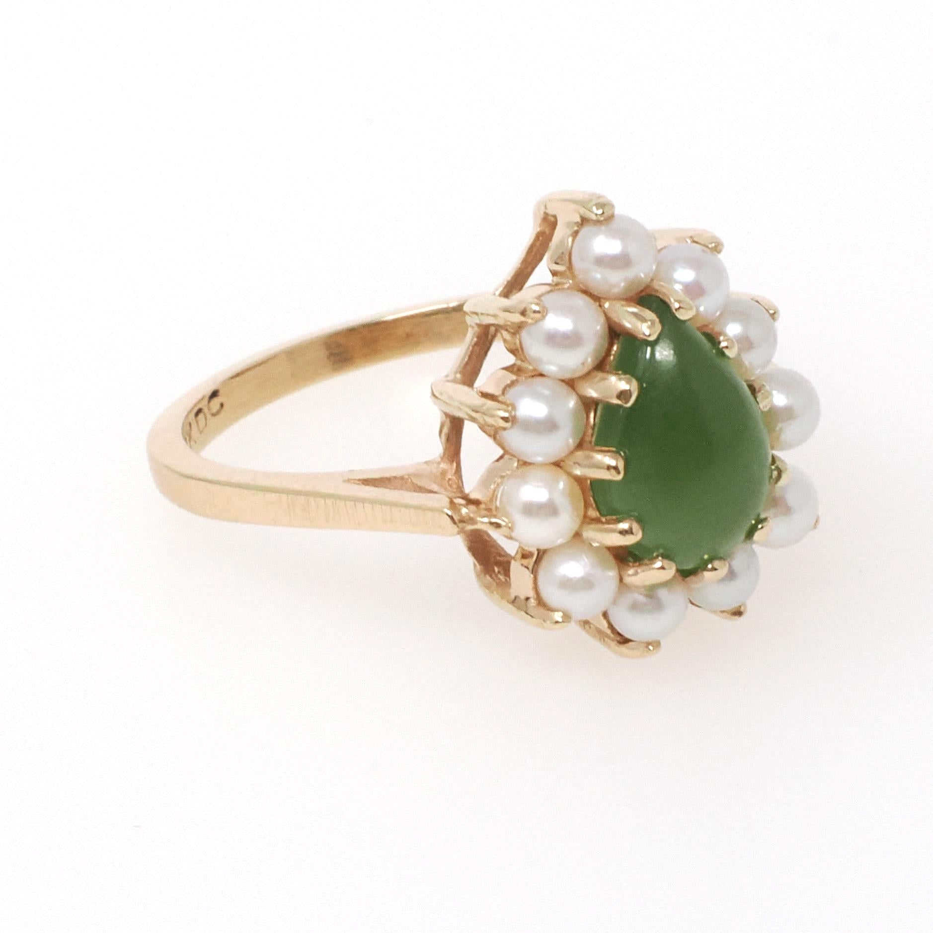 Vintage Halo Ring - Retro Modern 14k Yellow Gold Green Nephrite Jade and Seed Pearls - Circa 1970s Era Size 7 Fine Dainty Statement Jewelry