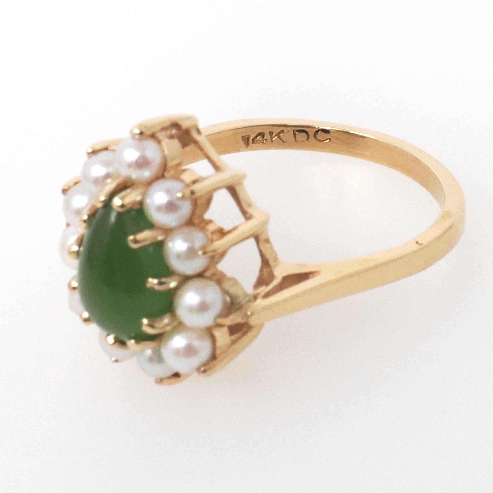 Vintage Halo Ring - Retro Modern 14k Yellow Gold Green Nephrite Jade and Seed Pearls - Circa 1970s Era Size 7 Fine Dainty Statement Jewelry