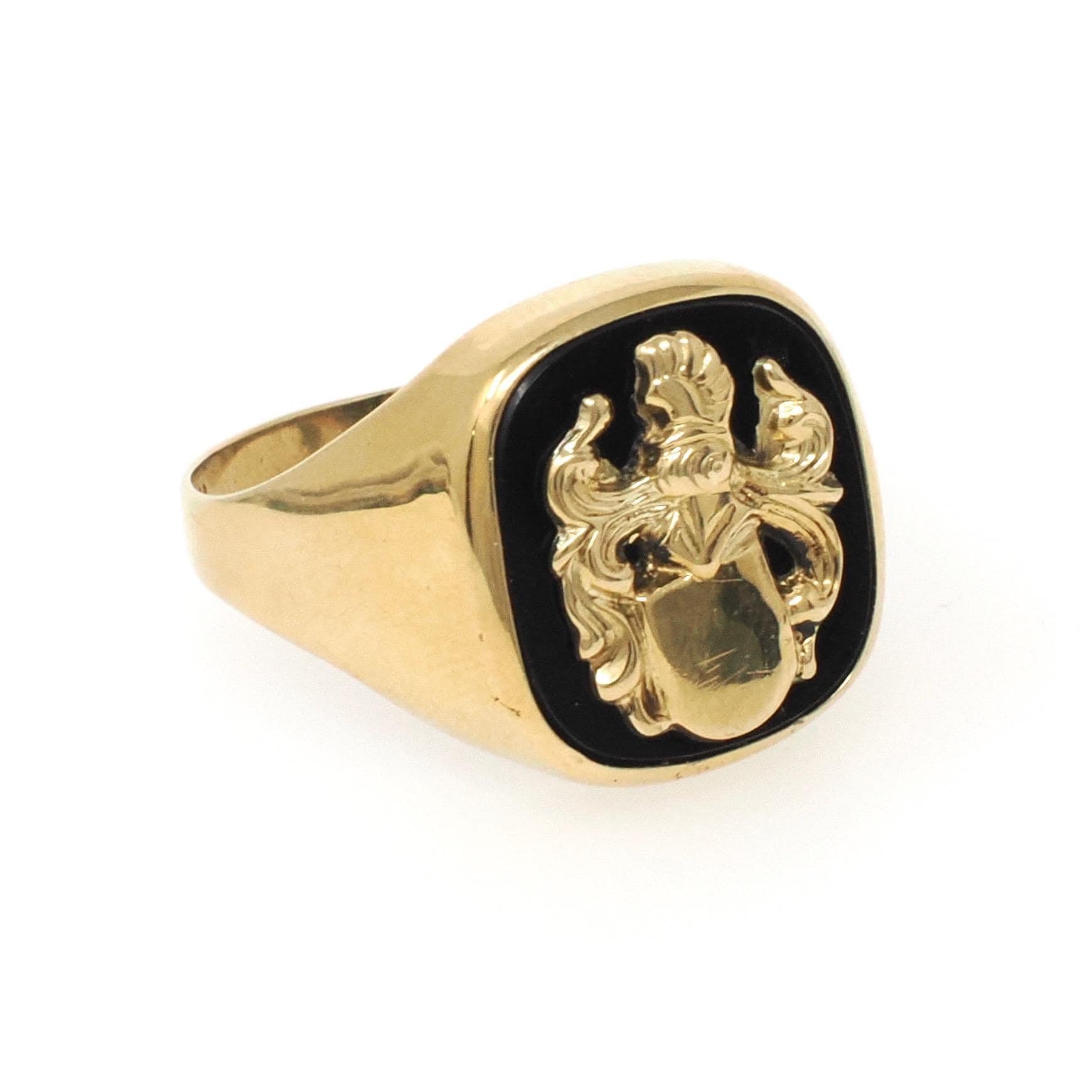Onyx Signet Ring - English 8k Yellow Gold Cushion Black Chalcedony Gem - Circa 1950s Size 10 1/2 Unisex Coat Of Arms Statement Fine Jewelry