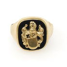 Onyx Signet Ring - English 8k Yellow Gold Cushion Black Chalcedony Gem - Circa 1950s Size 10 1/2 Unisex Coat Of Arms Statement Fine Jewelry