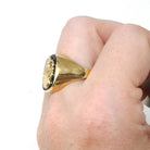 Onyx Signet Ring - English 8k Yellow Gold Cushion Black Chalcedony Gem - Circa 1950s Size 10 1/2 Unisex Coat Of Arms Statement Fine Jewelry