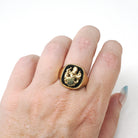 Onyx Signet Ring - English 8k Yellow Gold Cushion Black Chalcedony Gem - Circa 1950s Size 10 1/2 Unisex Coat Of Arms Statement Fine Jewelry