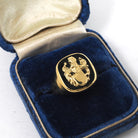 Onyx Signet Ring - English 8k Yellow Gold Cushion Black Chalcedony Gem - Circa 1950s Size 10 1/2 Unisex Coat Of Arms Statement Fine Jewelry