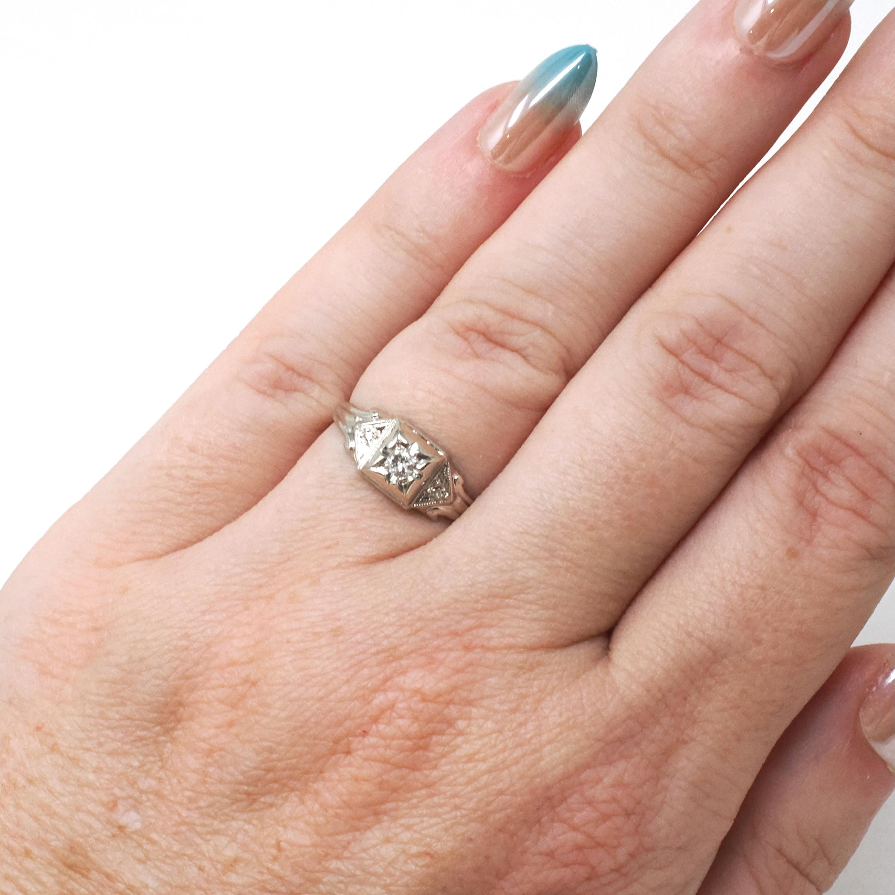 Art Deco Diamond Ring - Vintage 14k White Gold .09 CTW Star Incised Dainty Engagement - Circa 1930s Size 5 1/4 Fine Classic Bridal Jewelry