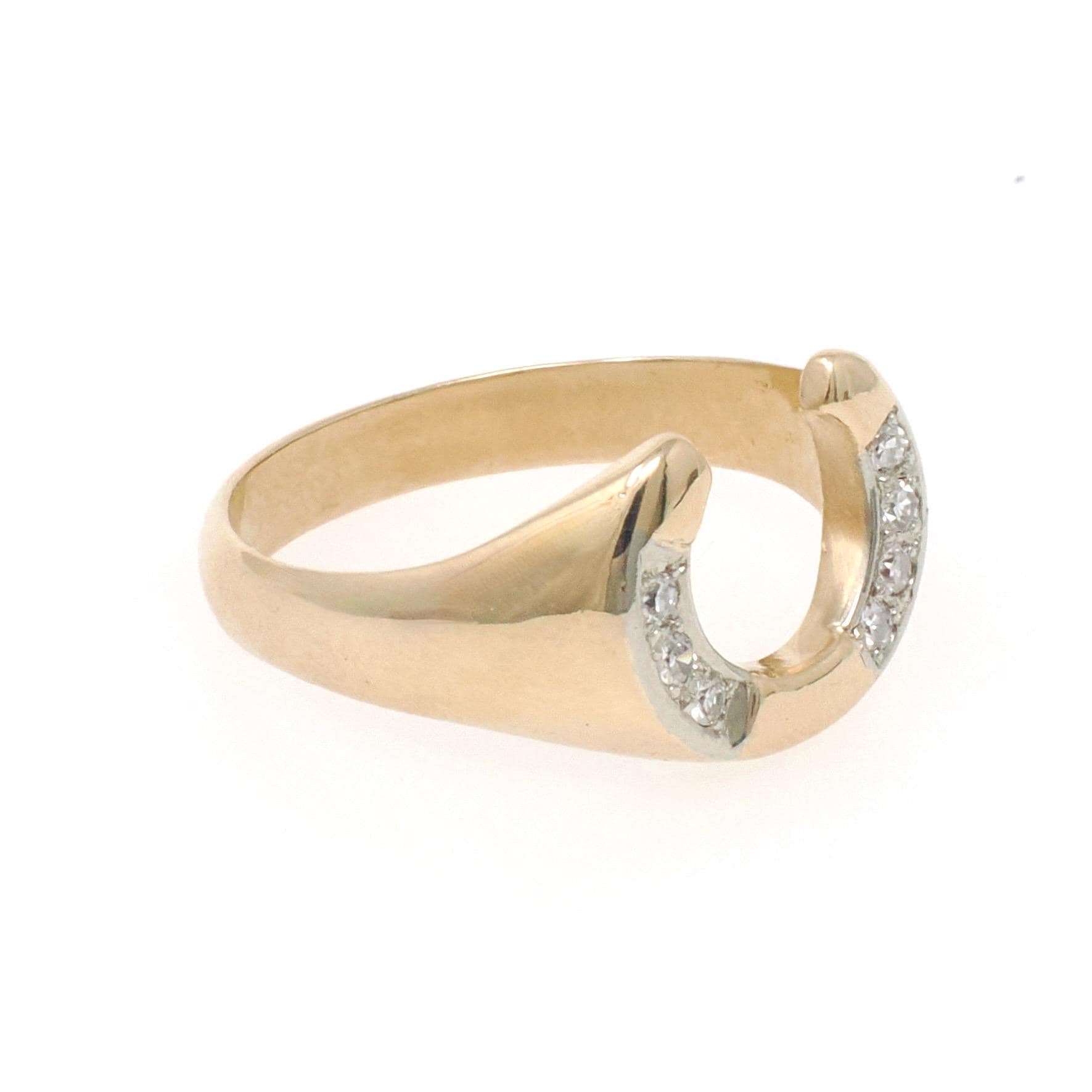 Vintage Horseshoe Ring - Modernist 14k Yellow Gold .06 CTW Natural Diamonds Equestrian Statement Band - Circa 1970s Size 7 1/4 Fine Jewelry