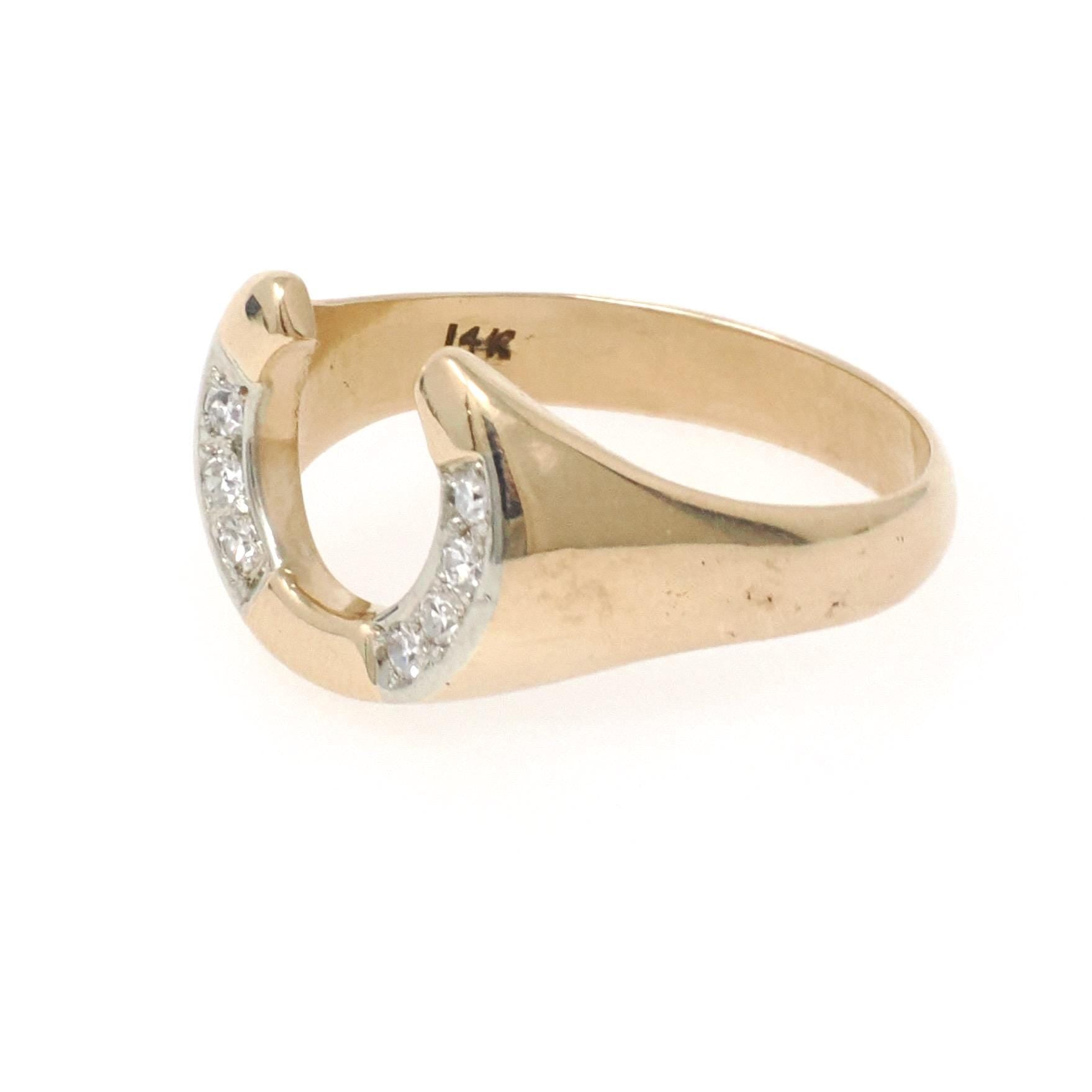Vintage Horseshoe Ring - Modernist 14k Yellow Gold .06 CTW Natural Diamonds Equestrian Statement Band - Circa 1970s Size 7 1/4 Fine Jewelry