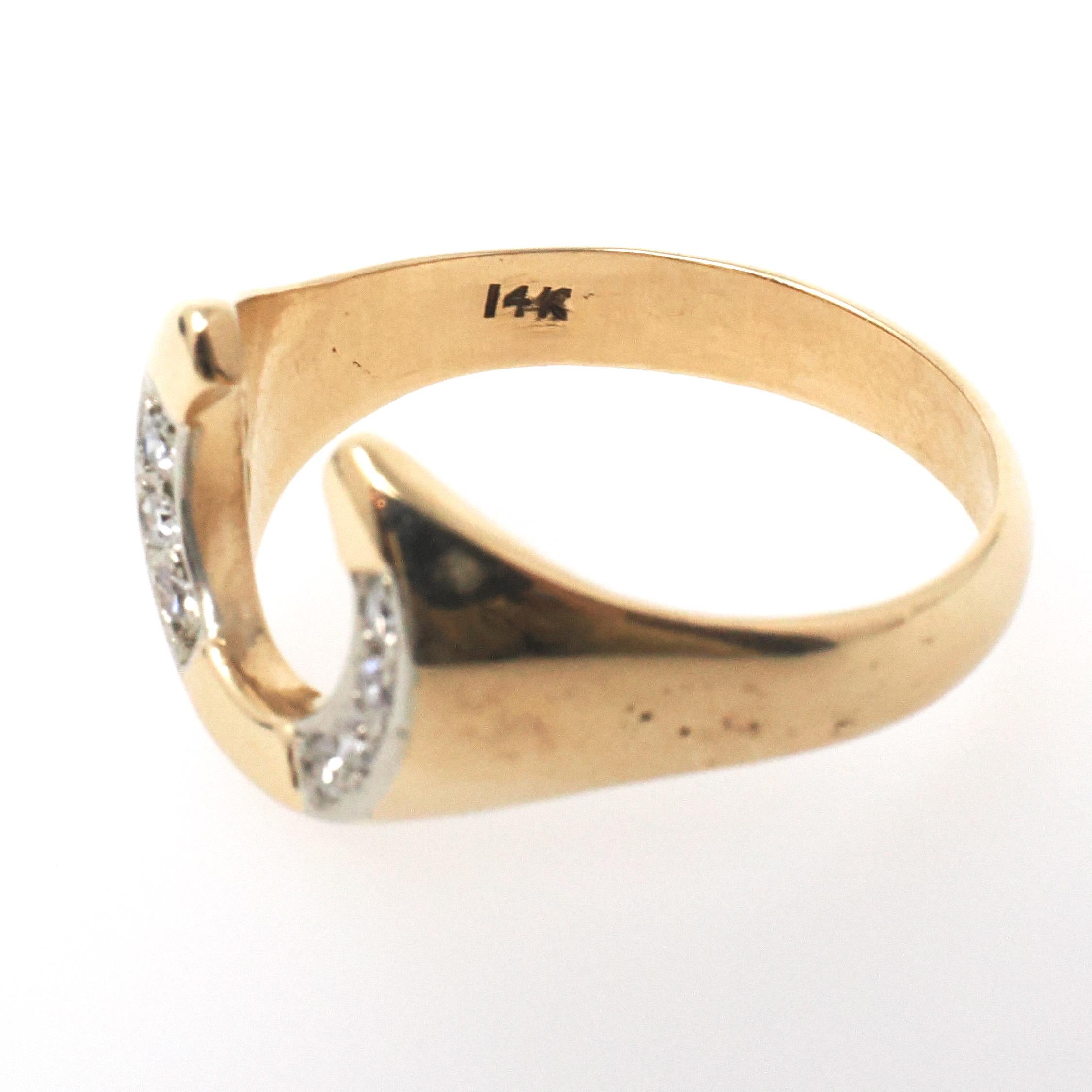 Vintage Horseshoe Ring - Modernist 14k Yellow Gold .06 CTW Natural Diamonds Equestrian Statement Band - Circa 1970s Size 7 1/4 Fine Jewelry