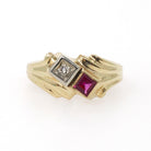 Created Ruby & Diamond Ring - Retro 14k Yellow White Gold Toi Et Moi Gems - Vintage Circa 1940s Size 4.75 July April Birthstone Fine Jewelry
