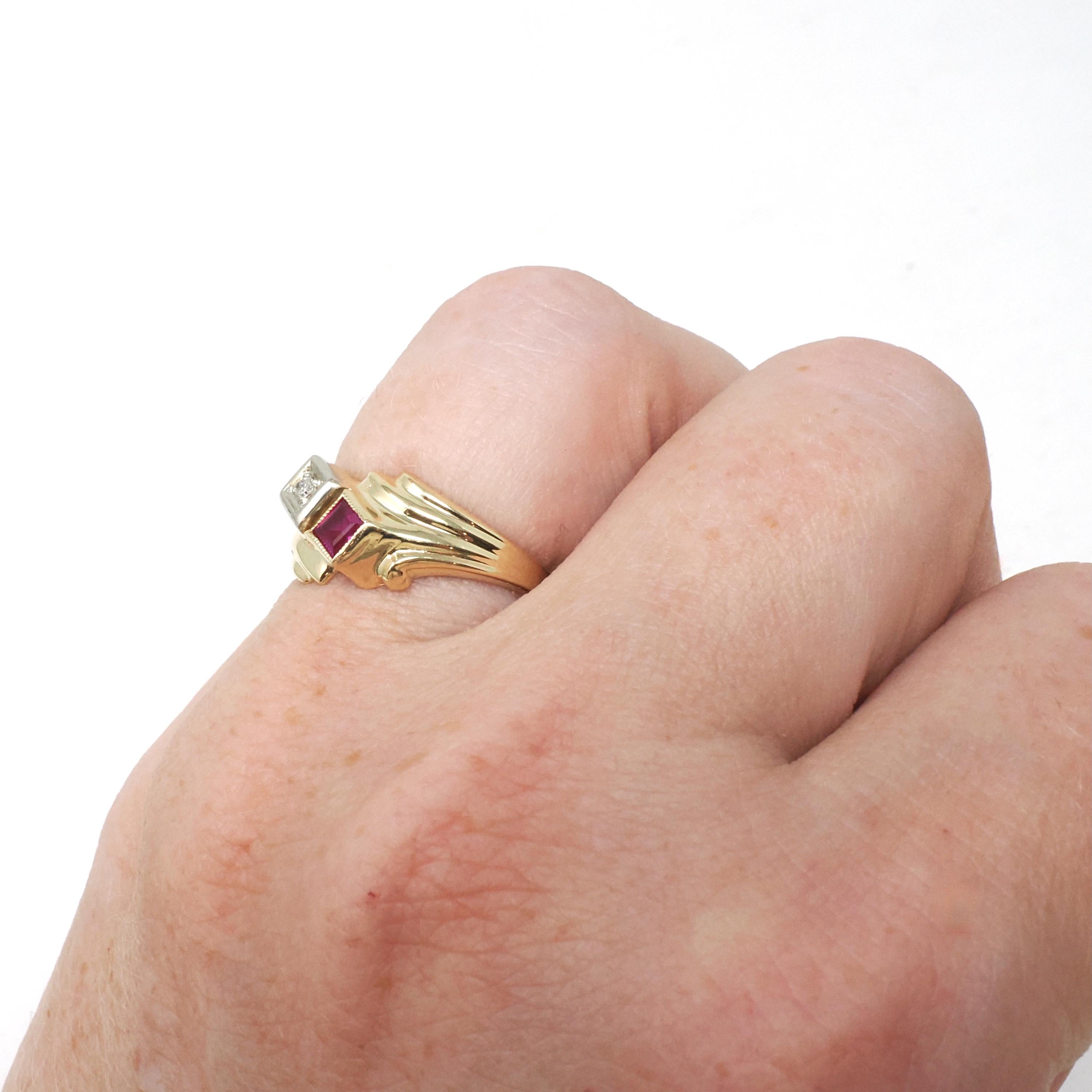 Created Ruby & Diamond Ring - Retro 14k Yellow White Gold Toi Et Moi Gems - Vintage Circa 1940s Size 4.75 July April Birthstone Fine Jewelry