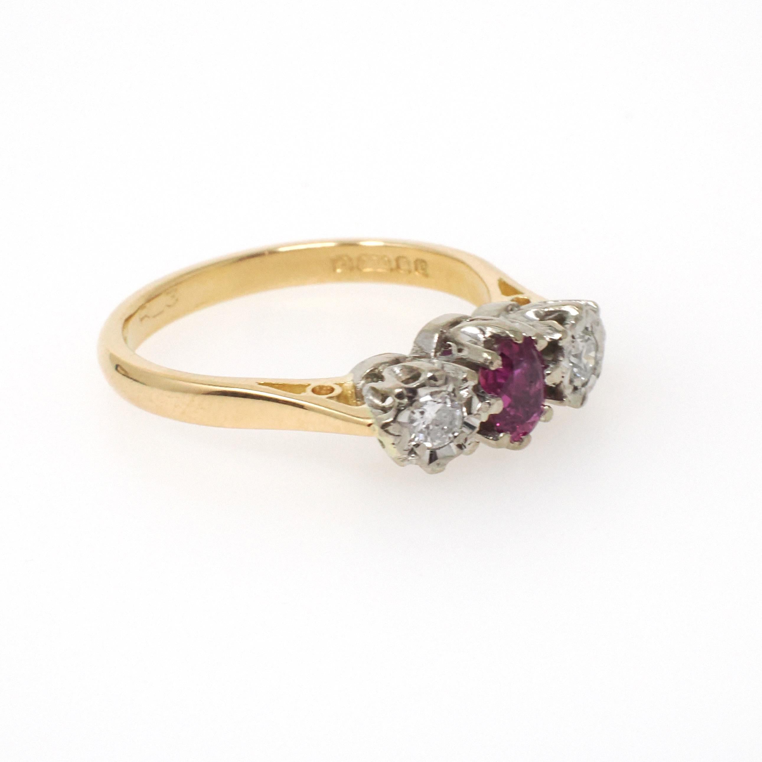Vintage Ruby & Diamond Ring - Retro 18k Yellow White Gold Three Gemstone Engagement - Circa 1970s Size 6 3/4 Two Tone English Fine Jewelry
