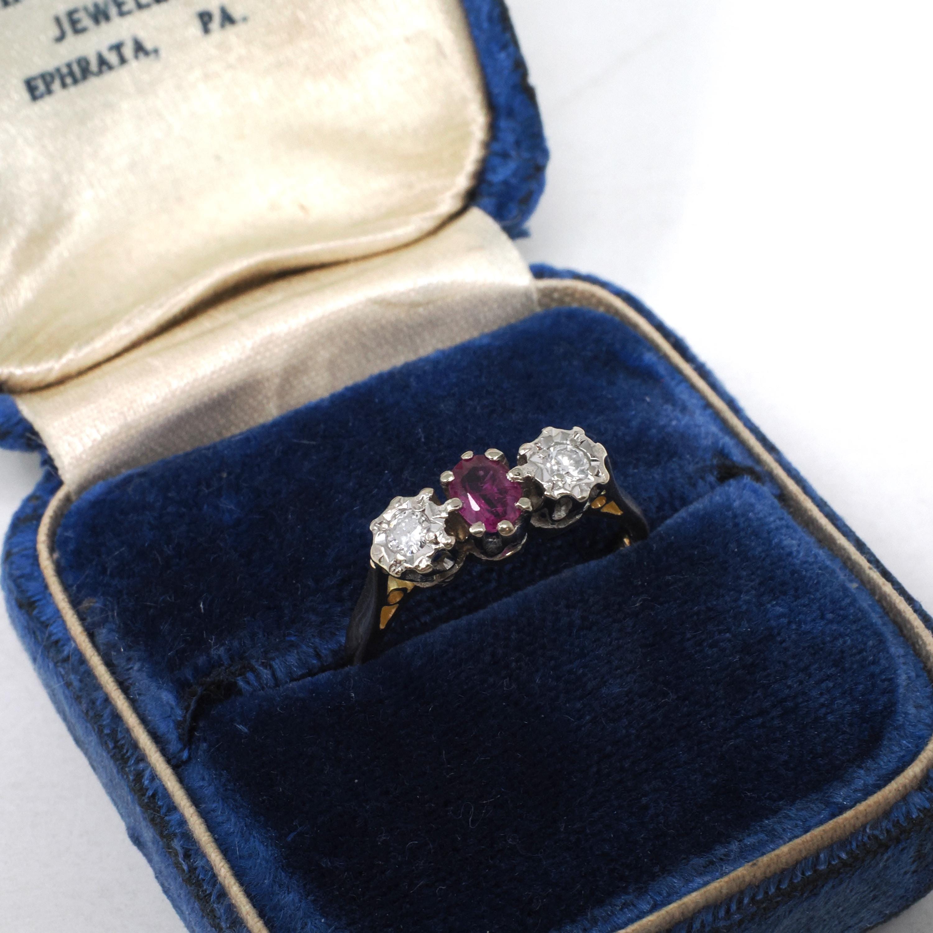 Vintage Ruby & Diamond Ring - Retro 18k Yellow White Gold Three Gemstone Engagement - Circa 1970s Size 6 3/4 Two Tone English Fine Jewelry