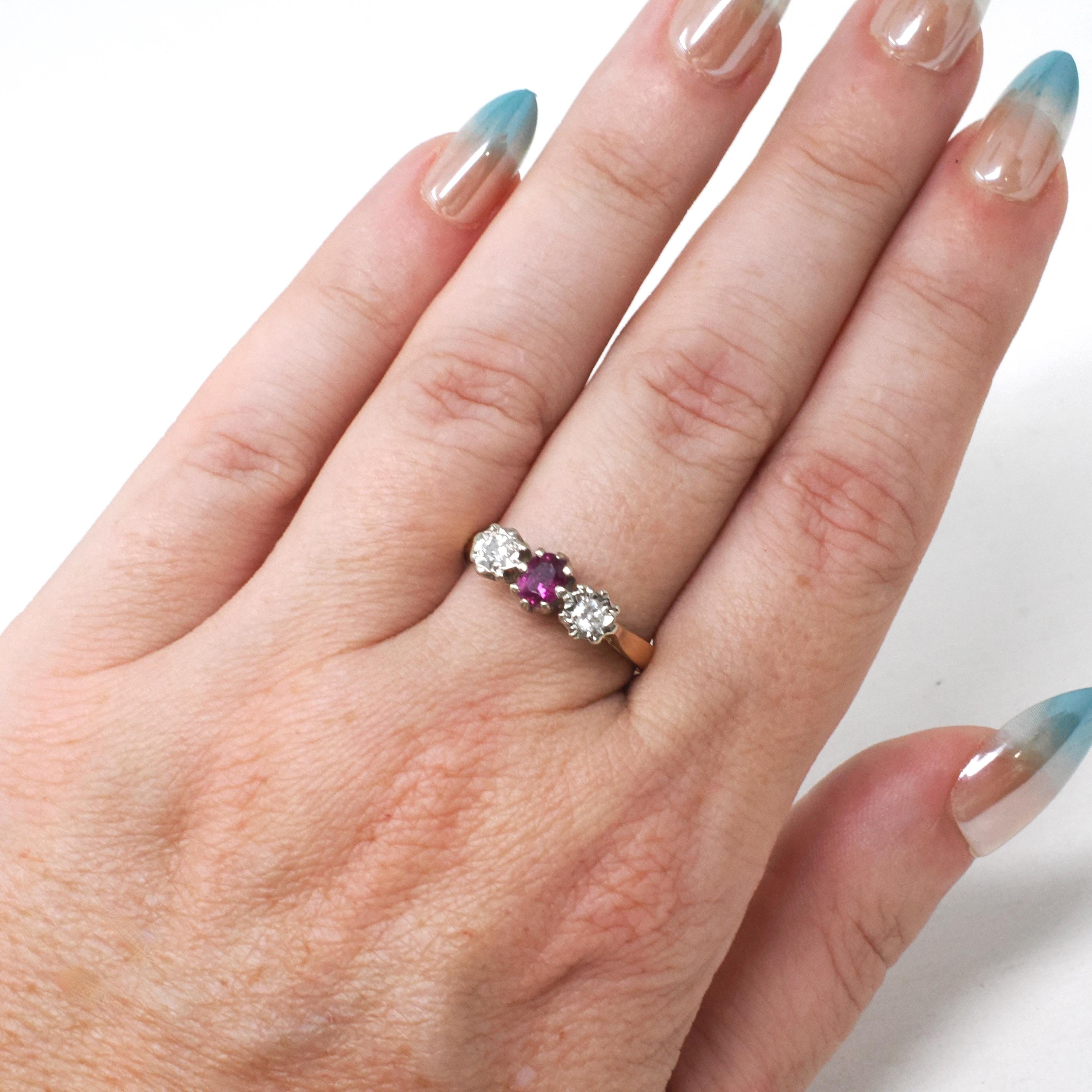 Vintage Ruby & Diamond Ring - Retro 18k Yellow White Gold Three Gemstone Engagement - Circa 1970s Size 6 3/4 Two Tone English Fine Jewelry