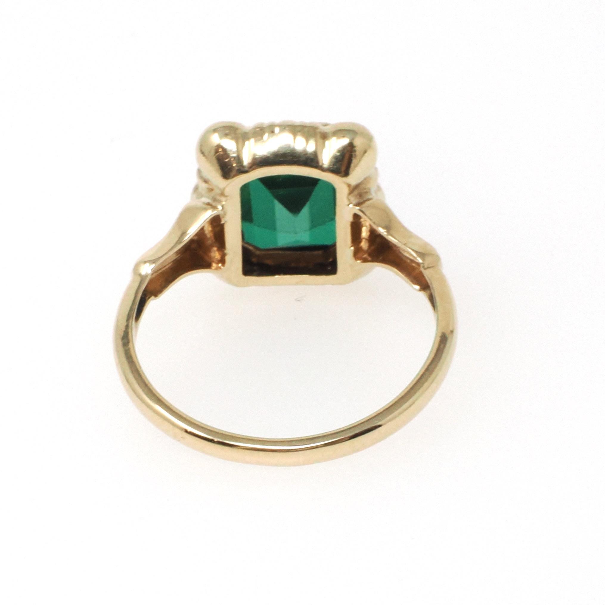 Simulated Emerald Ring - Retro 10k Yellow Gold Emerald Cut Green Created Spinel Triplet Assembled Stone - Circa 1940s Size 4 Fine Jewelry