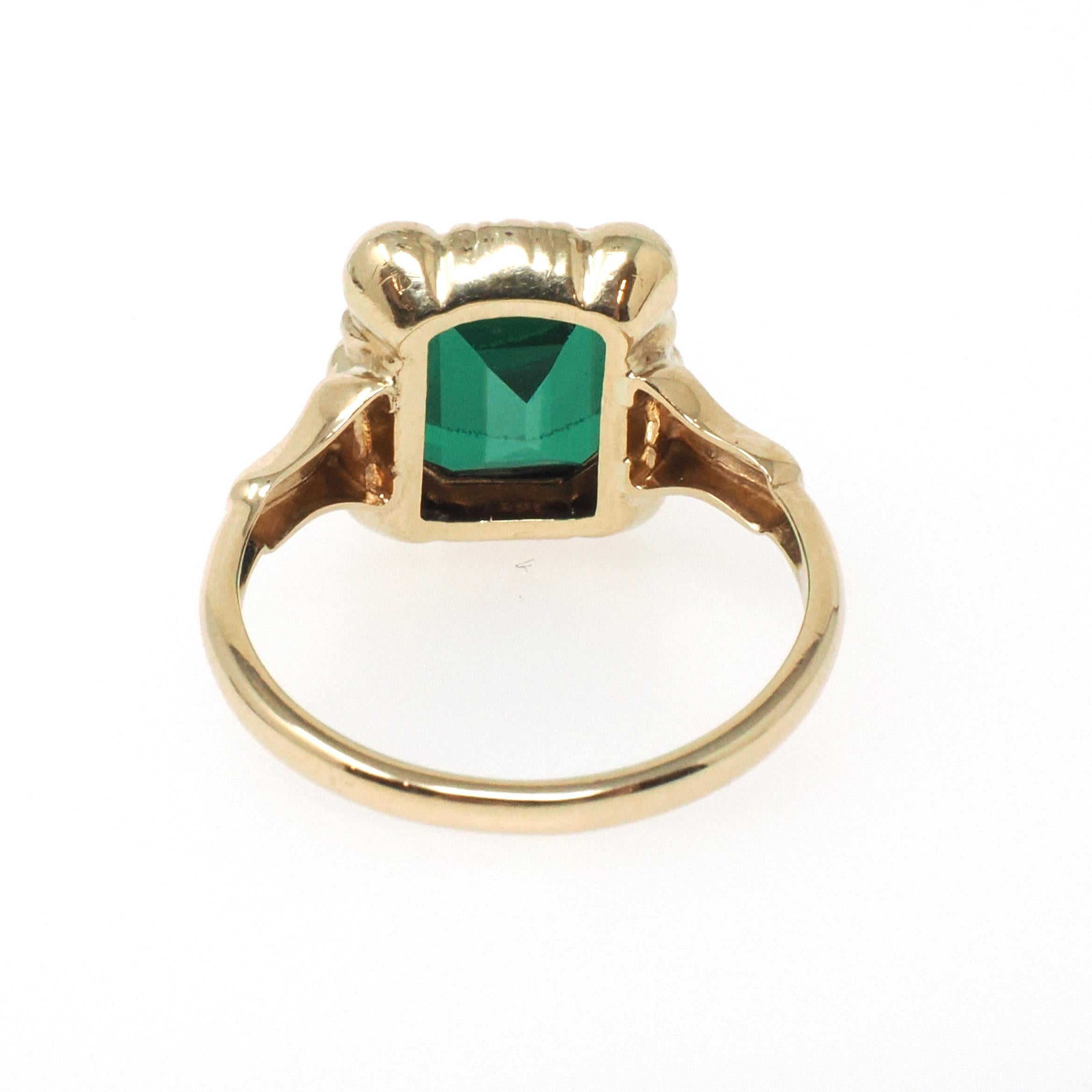 Simulated Emerald Ring - Retro 10k Yellow Gold Emerald Cut Green Created Spinel Triplet Assembled Stone - Circa 1940s Size 4 Fine Jewelry